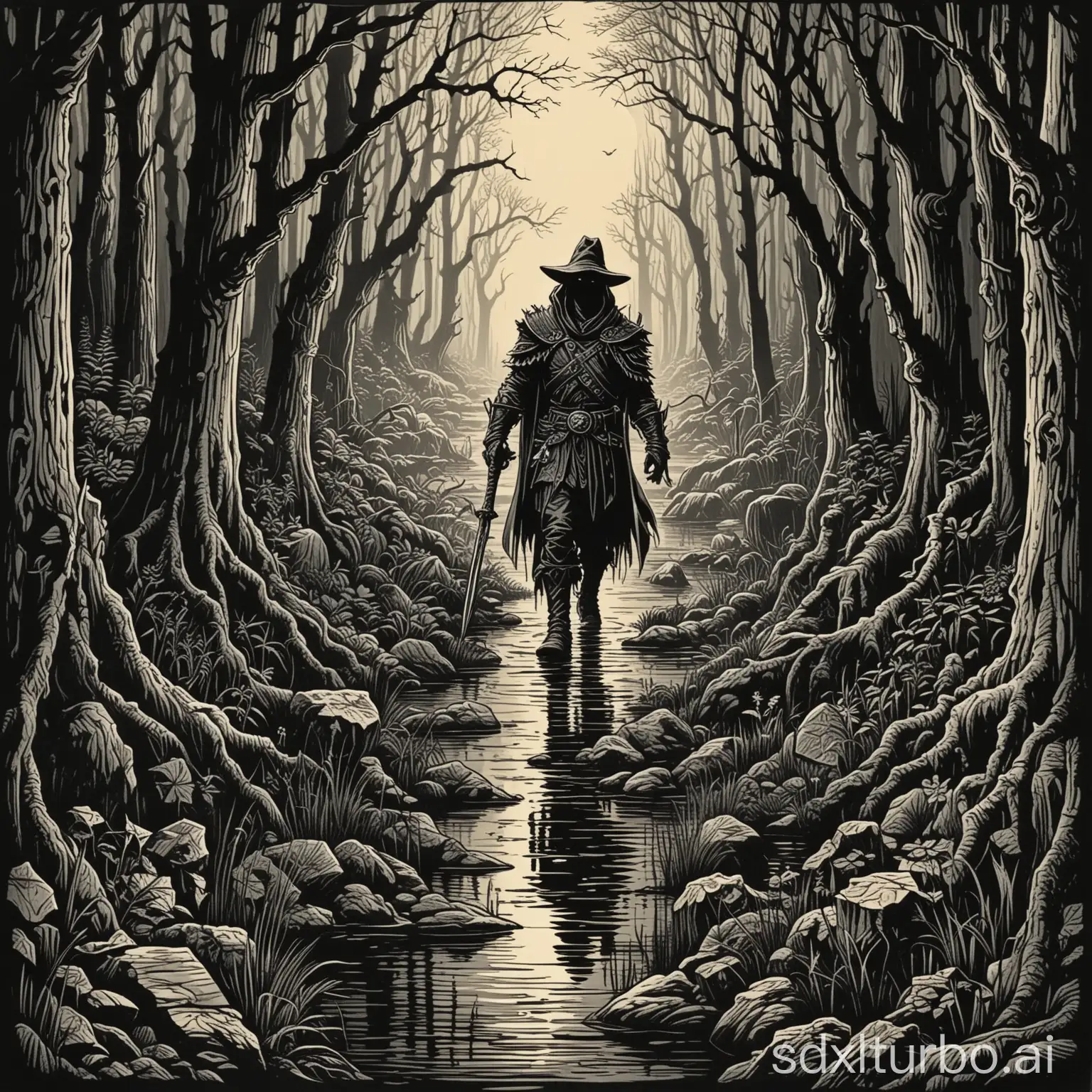 Scarecrow-Warlock-in-Dark-Swamp-Forest-1978-Dungeons-and-Dragons-Style-Art