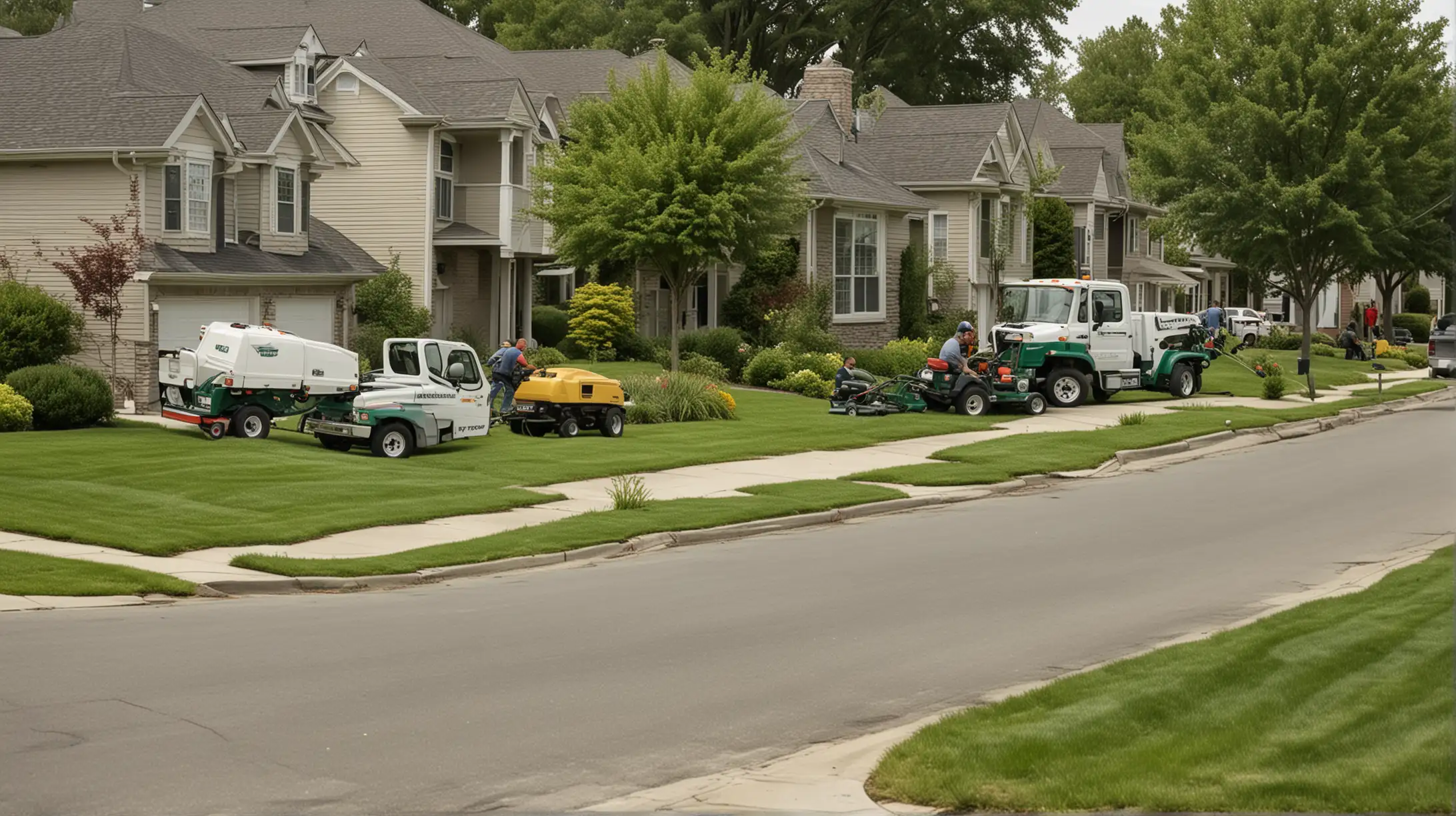 need an image of a landcape company mowing a neighborhood lawn with one person mowing and another weed whacking with the company trcuks parked along the road, sized at 1600x825 and under 5MB