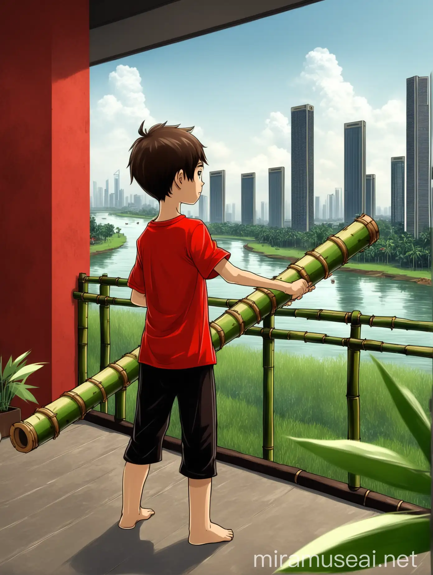 Animated young boy playing bamboo cannon outside a beutifull home with a view of the luxury skyscrapers and river in Jakarta Indonesia while wearing a red t-shirt and black pants.
