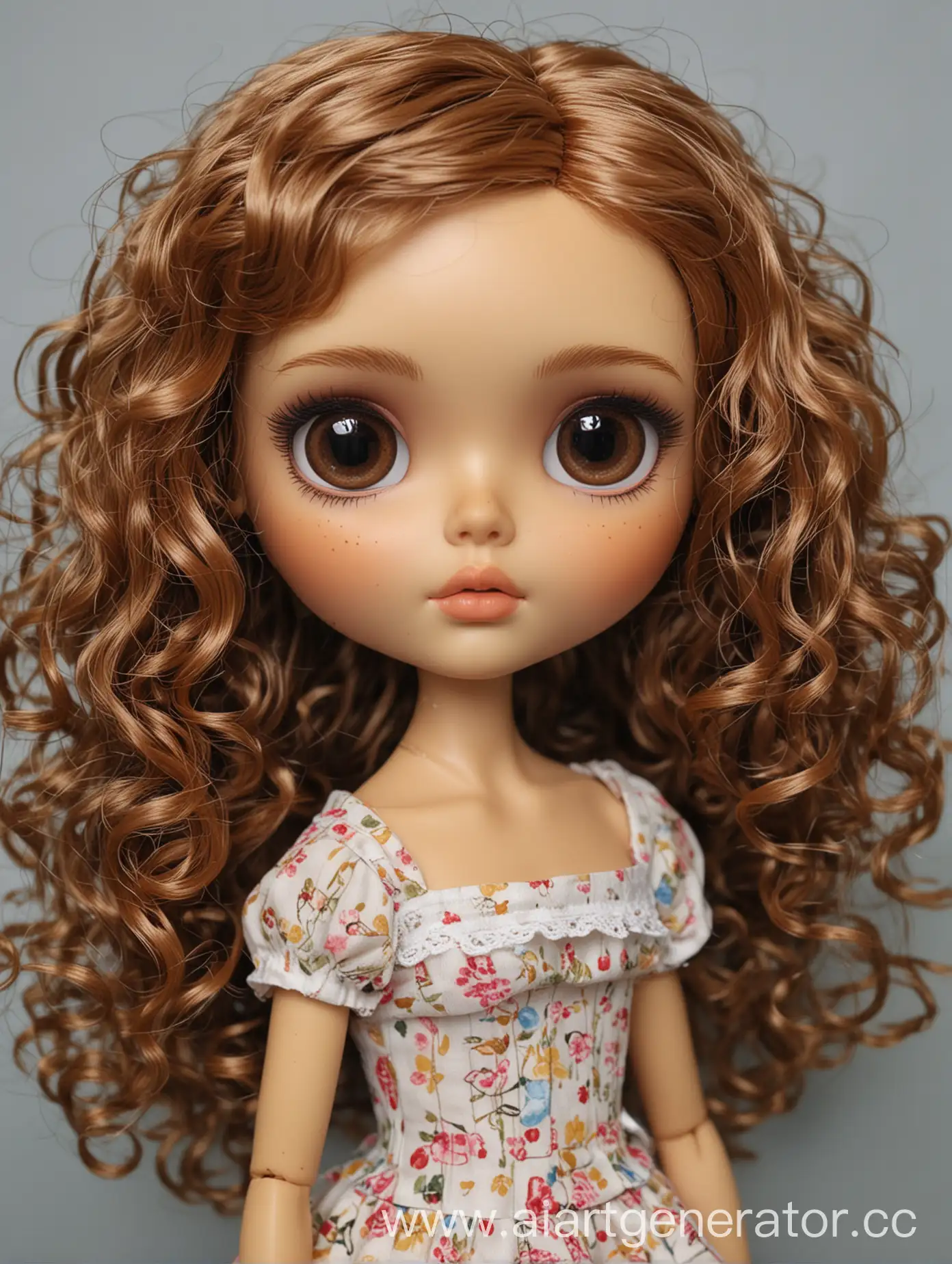 Blythe Doll with medium curly hair and brown eyes