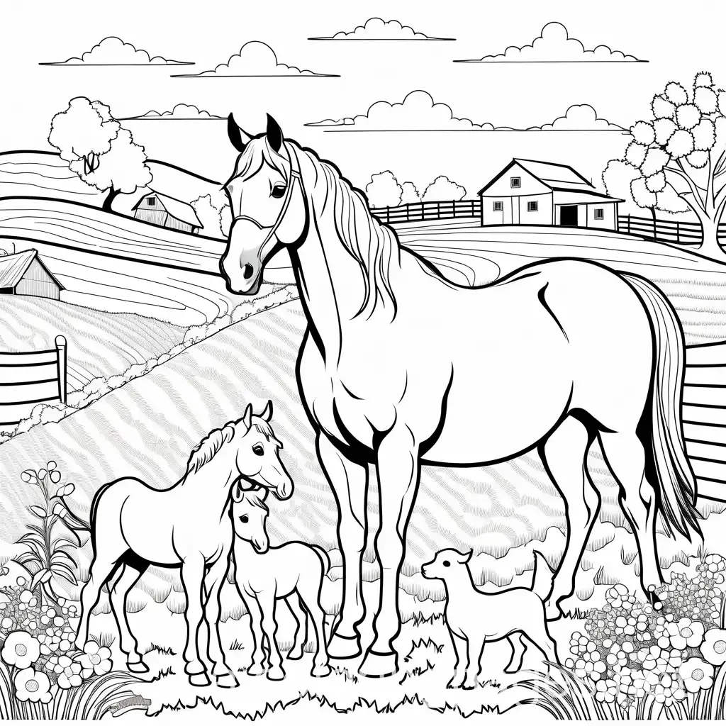 farm scene with horses, puppies and chickens and flowers, Coloring Page, black and white, line art, white background, Simplicity, Ample White Space. The background of the coloring page is plain white to make it easy for young children to color within the lines. The outlines of all the subjects are easy to distinguish, making it simple for kids to color without too much difficulty