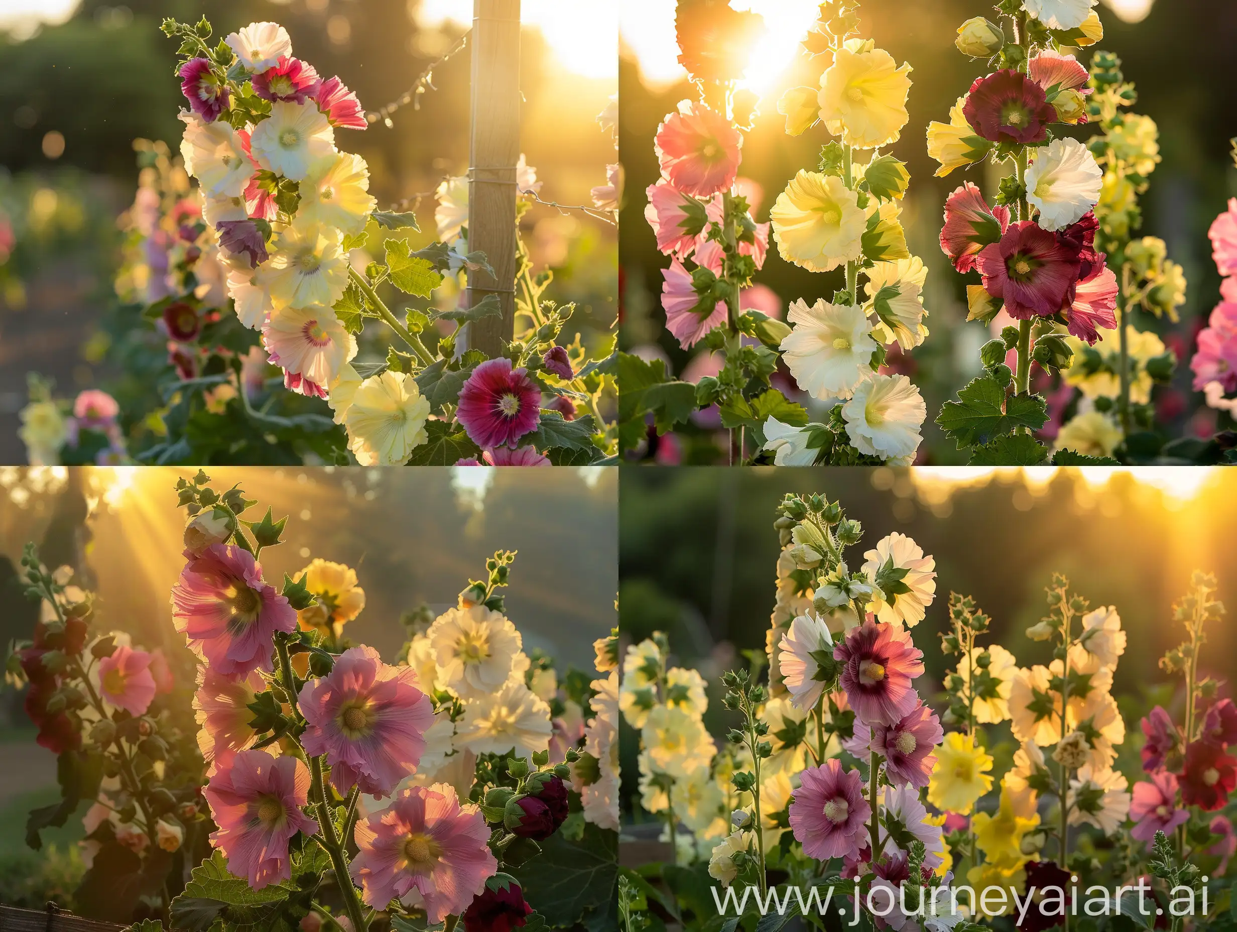 High detailed photo capturing a Hollyhock, Country Romance Mix. The sun, casting a warm, golden glow, bathes the scene in a serene ambiance, illuminating the intricate details of each element. The composition centers on a Hollyhock, Country Romance Mix. This is the old-fashioned perennial hollyhock that is so hard to find. Try it along a fence or plant with verbascum for a special look. A blend of rose, white, maroon, yellow and pink, large 3-5" single flowers are produced abundantly on stalks 5-7 ft. hi. The image evokes a sense of tranquility and natural beauty, inviting viewers to immerse themselves in the splendor of the landscape. --ar 16:9 