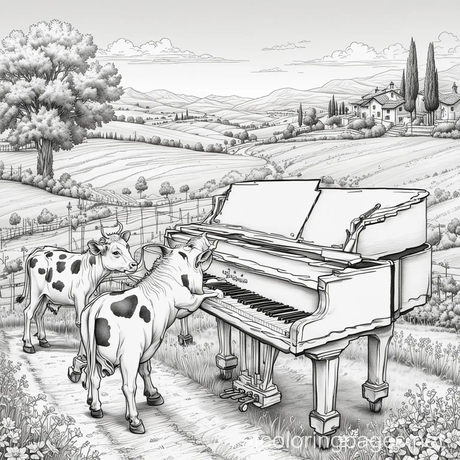 Create a cartoonish picture of cartoon cows playing cartoon pianos in the Tuscany countryside , Coloring Page, black and white, line art, white background, Simplicity, Ample White Space. The background of the coloring page is plain white to make it easy for young children to color within the lines. The outlines of all the subjects are easy to distinguish, making it simple for kids to color without too much difficulty