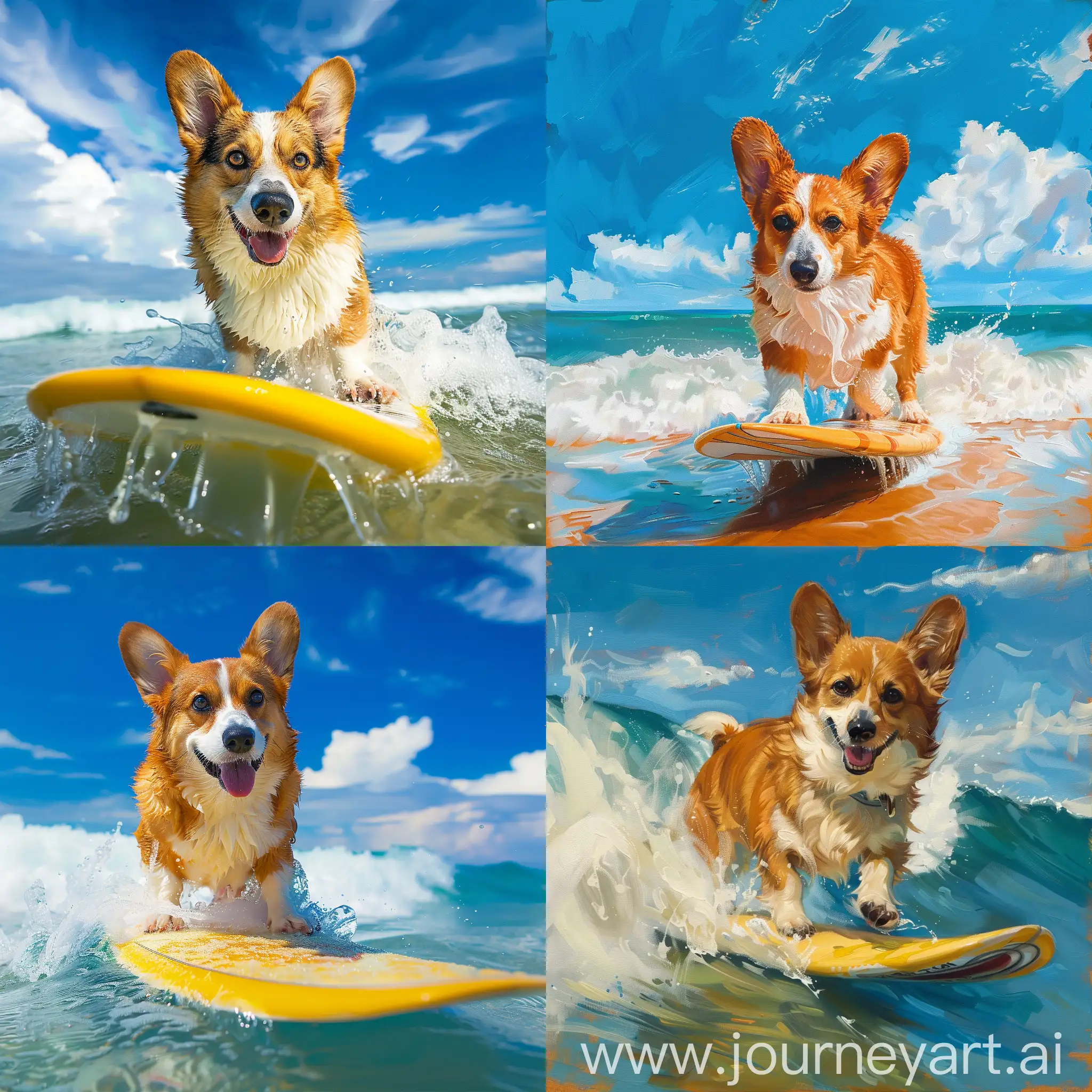 Corgi-Dog-Surfing-on-Beach-with-Blue-Skies