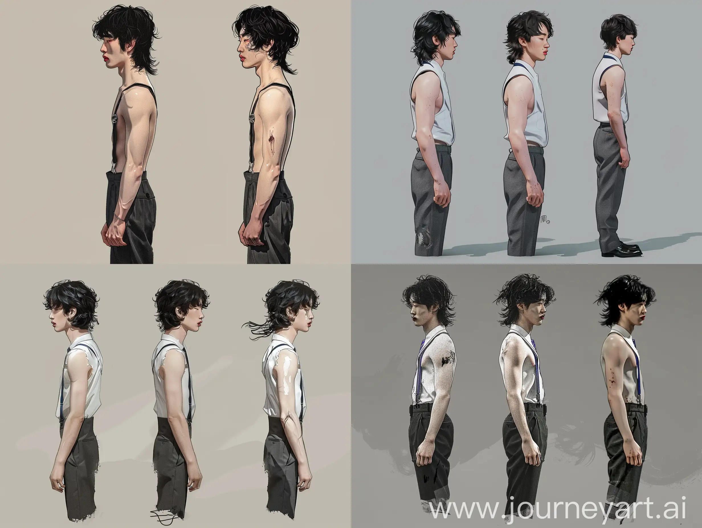 Japanese high school student in school uniform, horror anime character, 2d style, side view, full length, in trousers, concept art in color