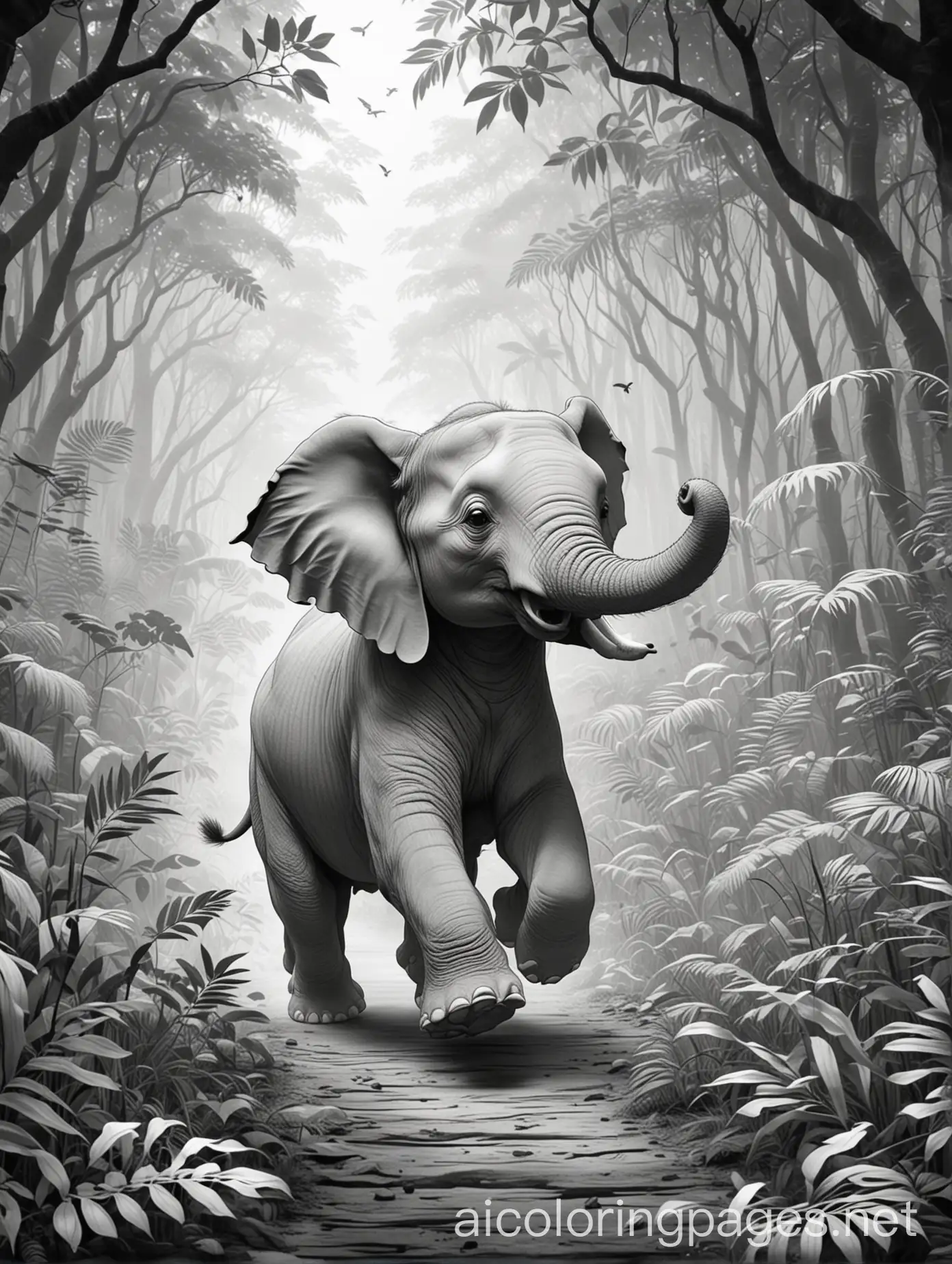 Cartoon-Elephant-Chasing-Tiger-in-Dark-Jungle-Coloring-Page