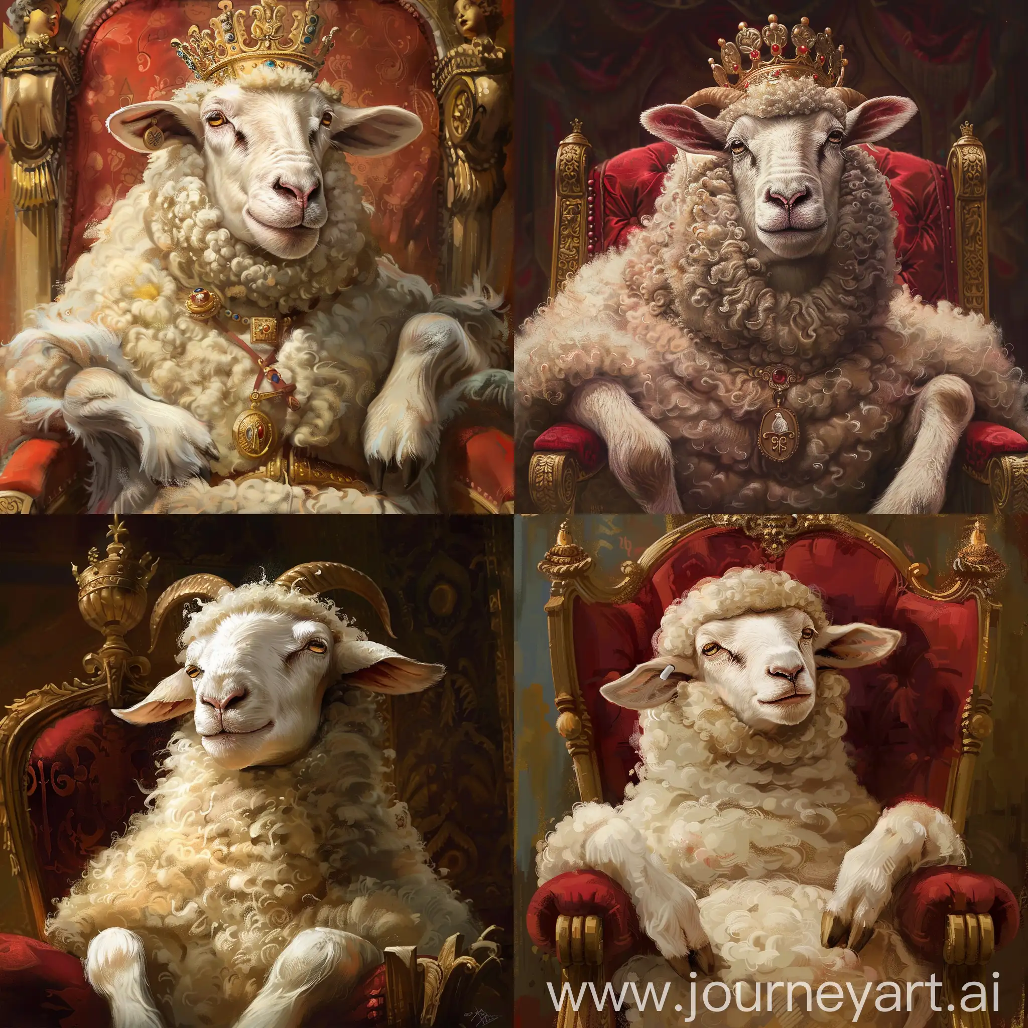 Draw a sheep that has a smile on its face and is like a king on a royal throne, very real, like Da Vinci's paintings, majestic