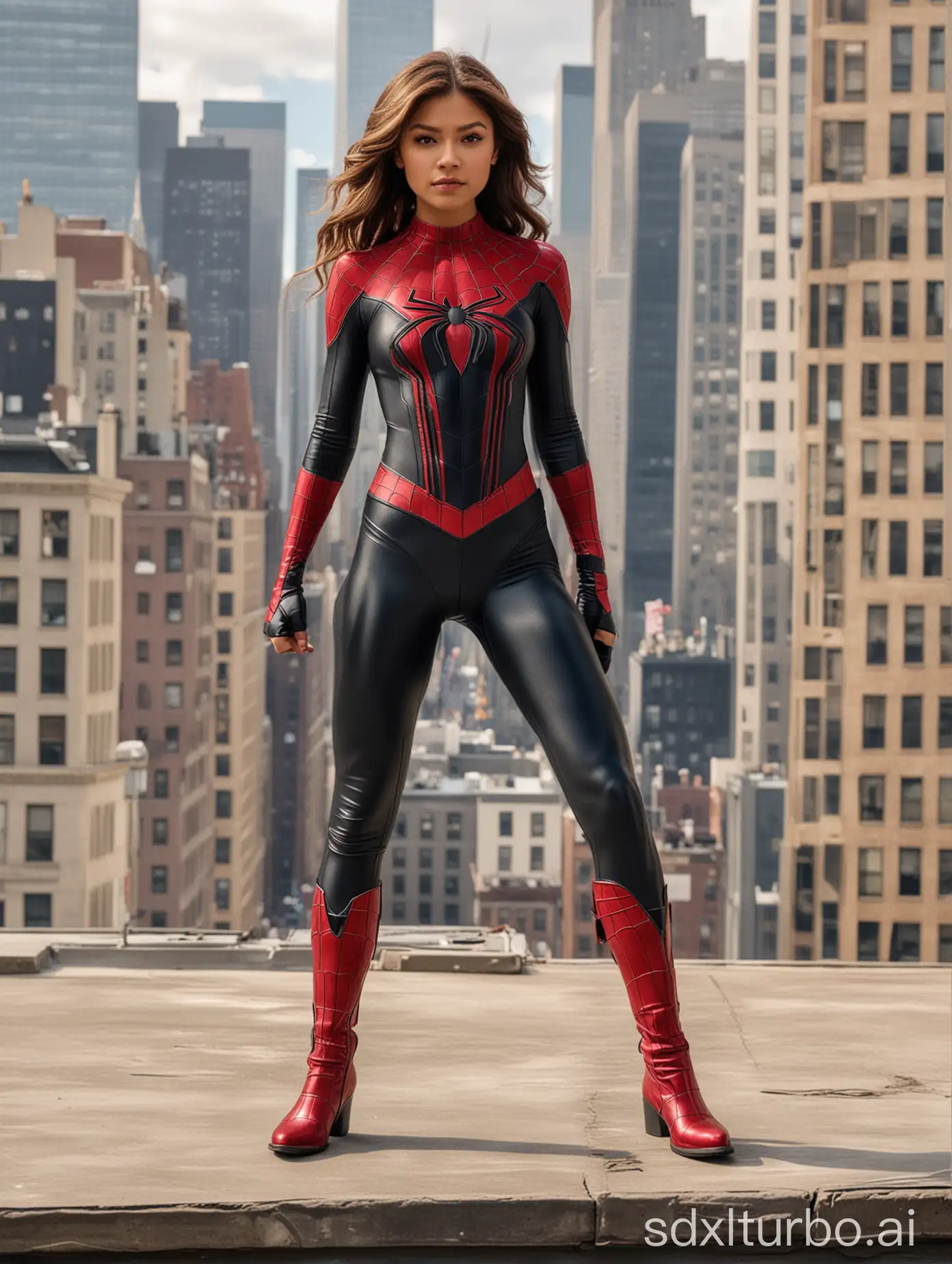 Zendaya as Spider-Girl, standing on top of a New York building, flat boots