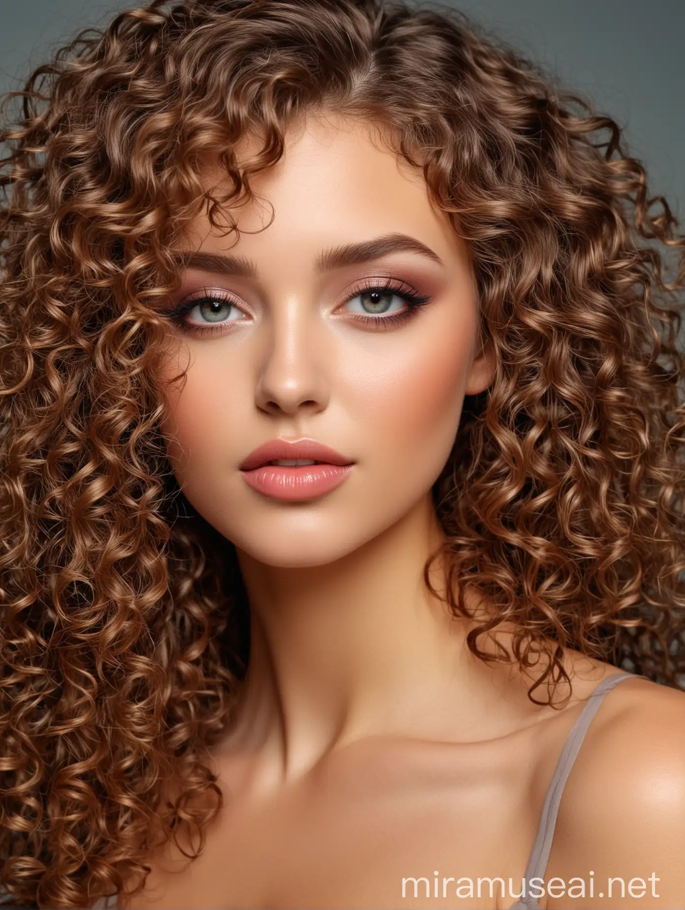 Elegant Woman with Curly Hair and Stunning Makeup