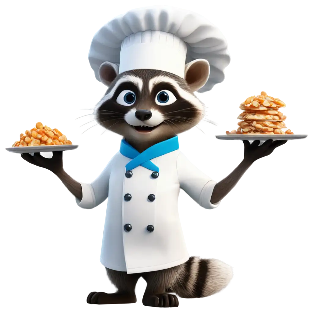 Cheerful racoon chef cartoon white blue orange
