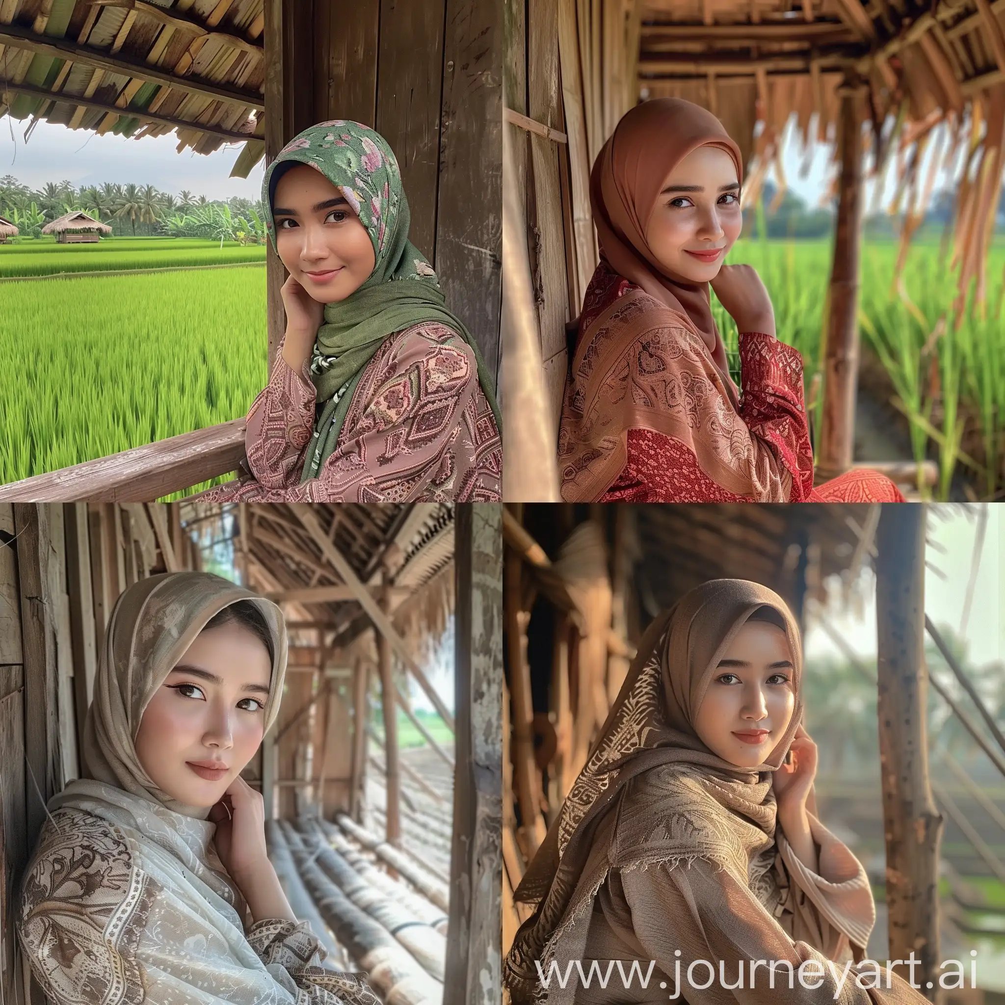 1 Indonesian girl, hijab, 22 years old, influencer, beauty, in the rice fields, make-up, sitting in a wooden hut, no effect, selfie, iphone selfie, no filter, natural iphone photo