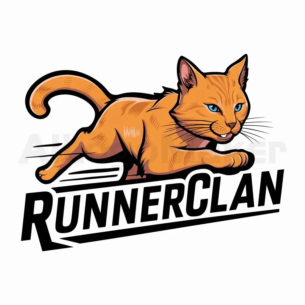 a logo design,with the text "Runnerclan", main symbol:a bright ginger she-cat with blue eyes running,Moderate,be used in Entertainment industry,clear background