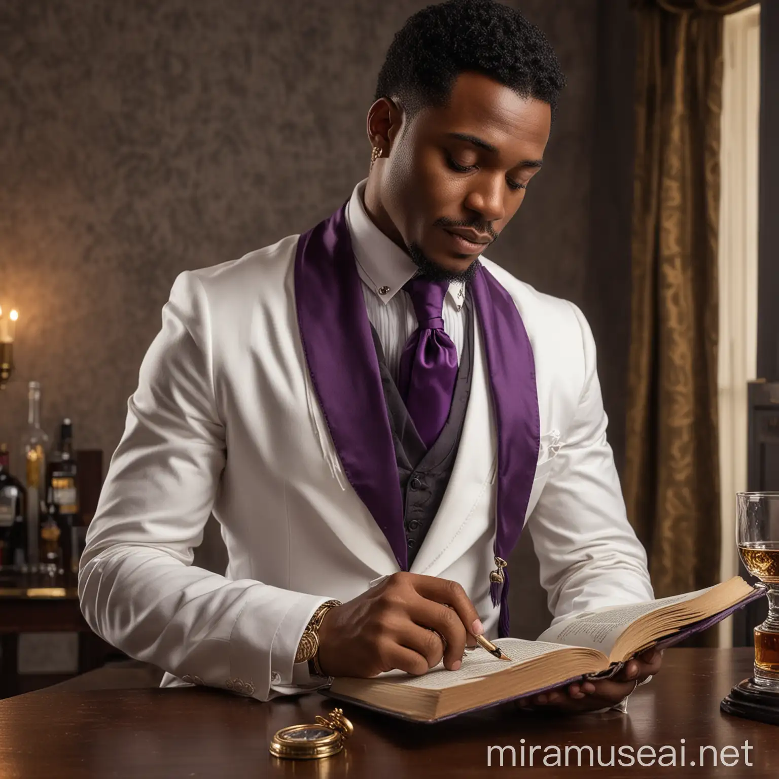 A black man in a elegant white and black suit and tie with a purple stole and gold pocket watch and jewelry reading a book standing and drinking whiskey