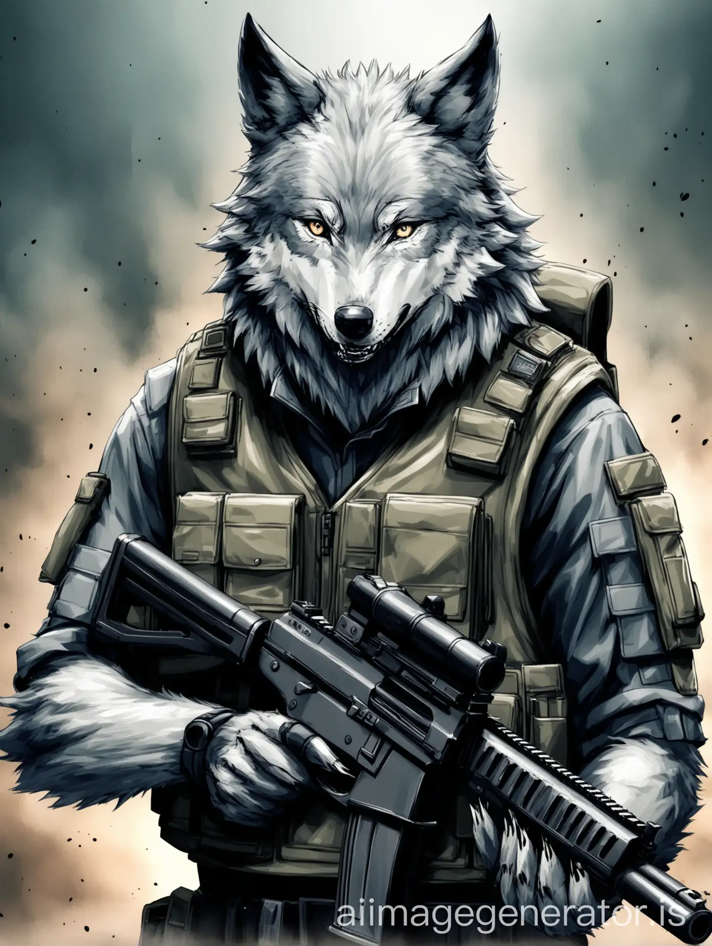wolf  with tectical vest and tectical helmt holding gun