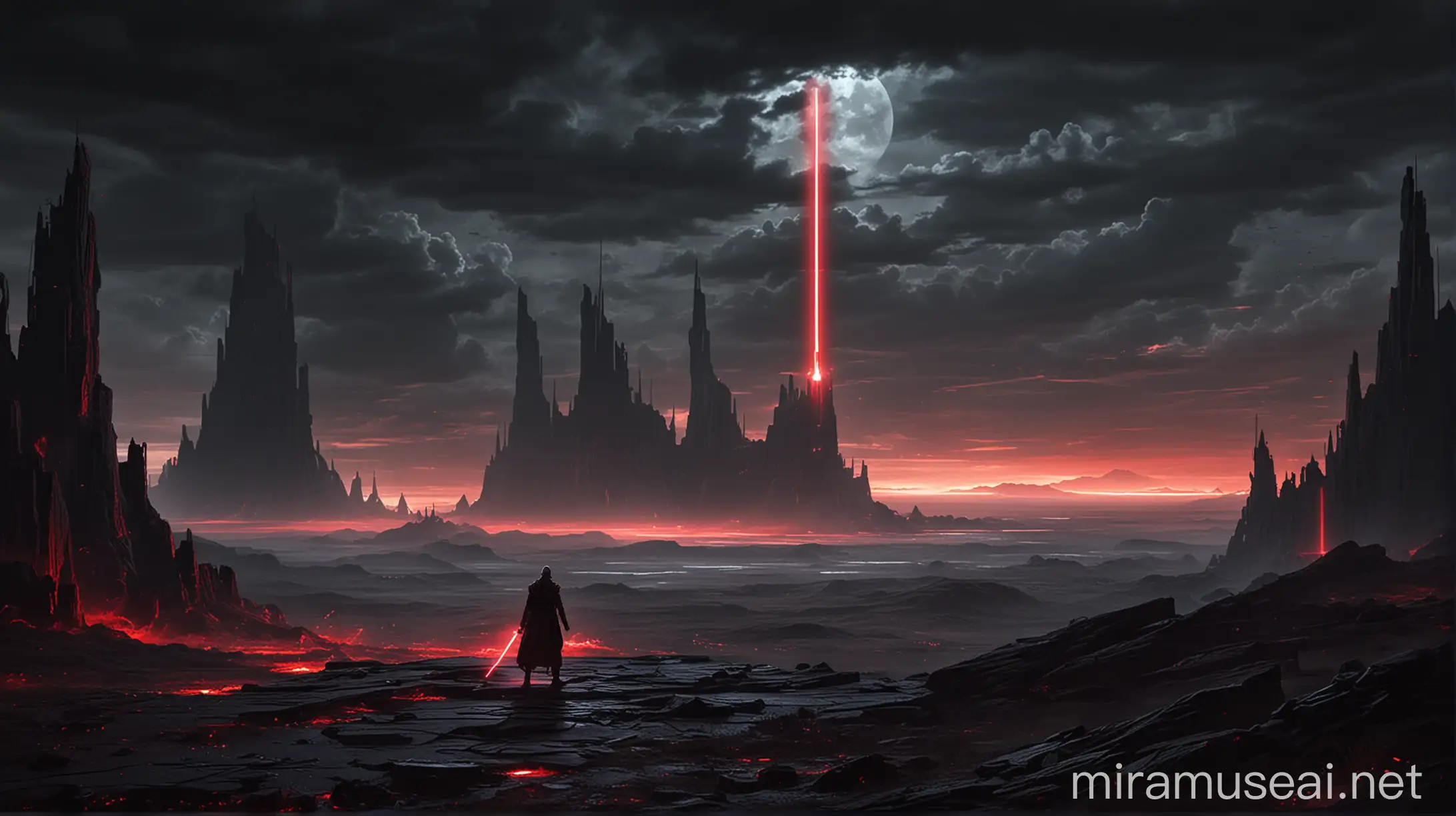 Dark Jedi amidst Apocalyptic Landscape with Distant Jedi Temple and Red Lightsaber