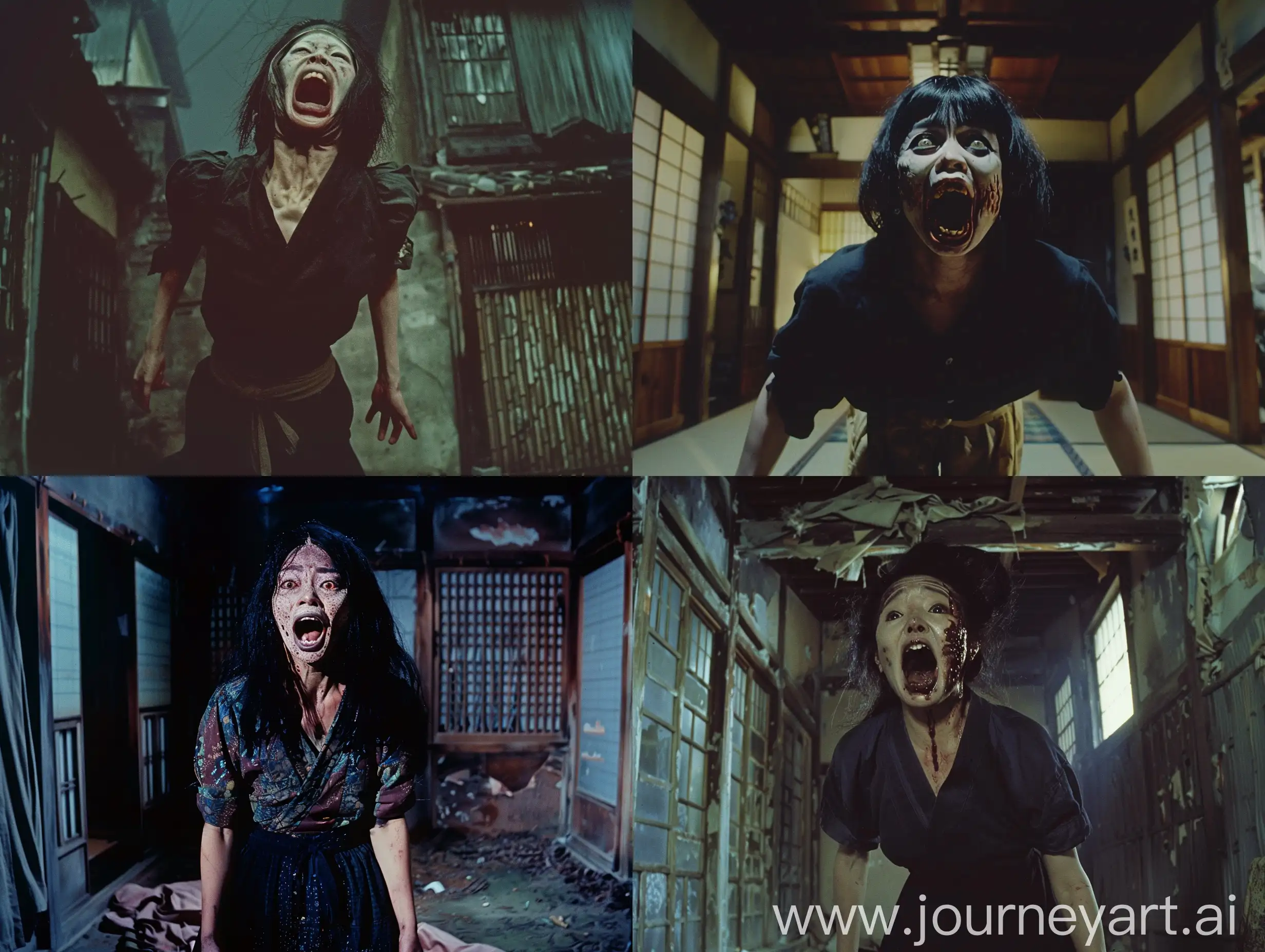 Cinematic panorama of the horror movie of japan in the late night, a yokai, Futakuchi-onna, She is characterized by her two mouths, a normal one located on her face and a second one on the back of the head beneath the hair. There, the woman's skull splits apart, forming lips, teeth and a tongue, creating an entirely functional second mouth, a shirt made of batik or woven black cloth, wears a typical Sundanese batik songket cloth, the cloth is wrapped around his waist and hangs down to her ankles, Japanese 1970, dim Japanese independent homes, chaos, dilapidation, filth, unsettling