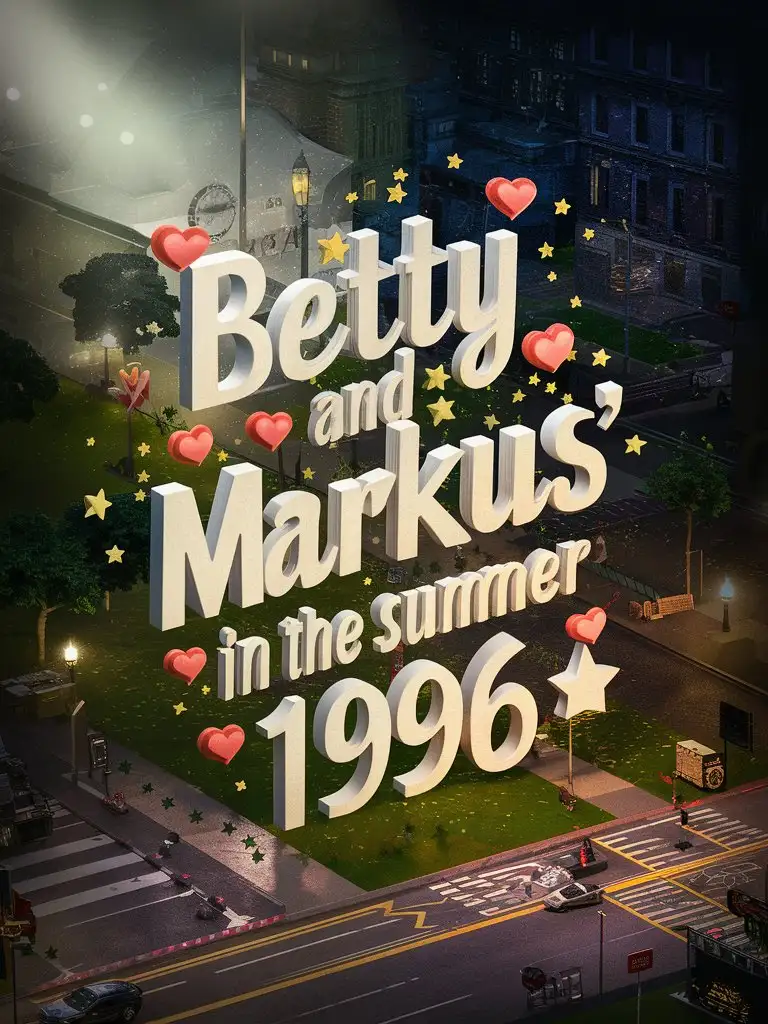 a pure TEXT representation: Betty + Markus in Summer 1996, hearts, stars, light, park, trees, streets, city, night, no persons, no humans, no animals, cinematic, ultrarealistic, realism, 3D text,