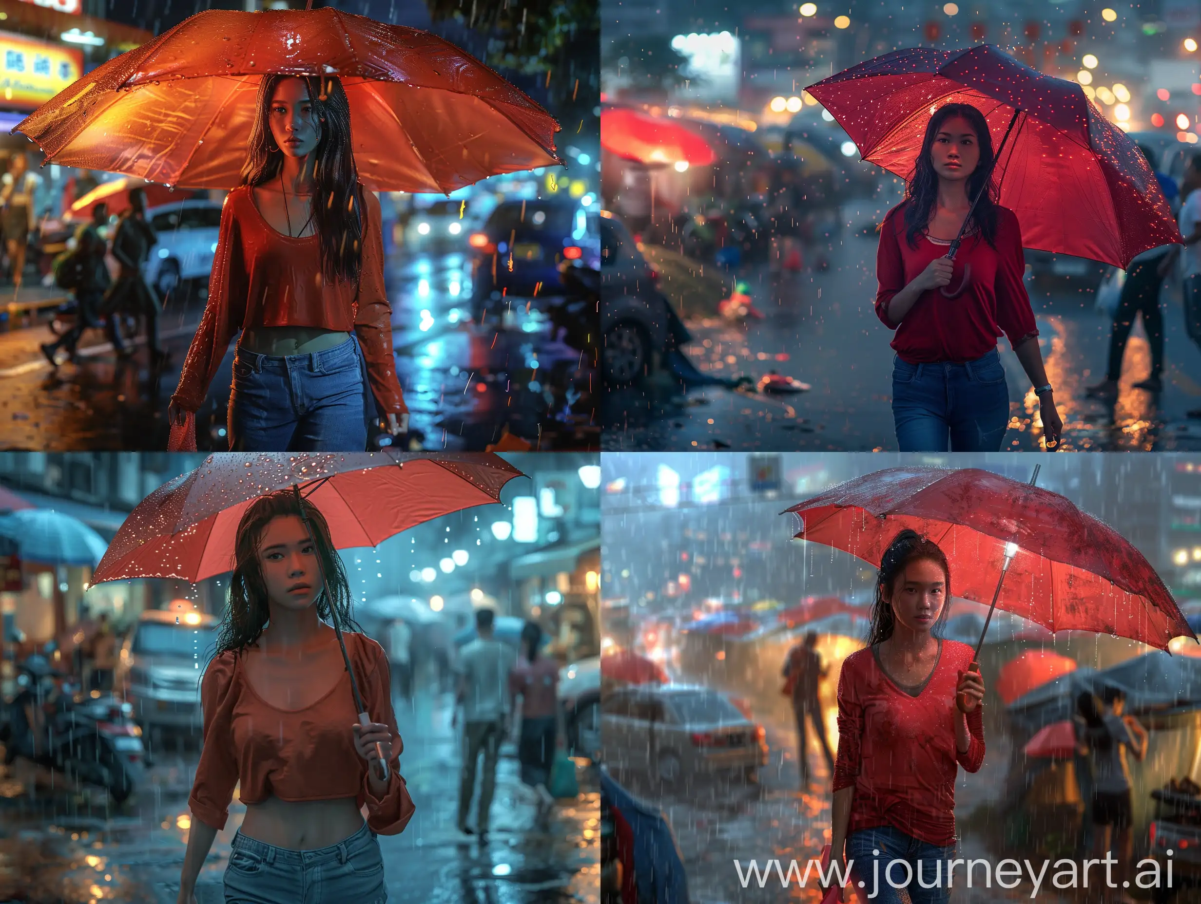 An Indonesian woman wearing a red long-sleeved shirt and blue jeans. She walked with fast steps while holding a red umbrella sparkling with small lights. Behind him, there was a view of the city wet by heavy rain. There were cars passing by and people taking shelter under tents. hyper-realistic, detailed, Cinematic