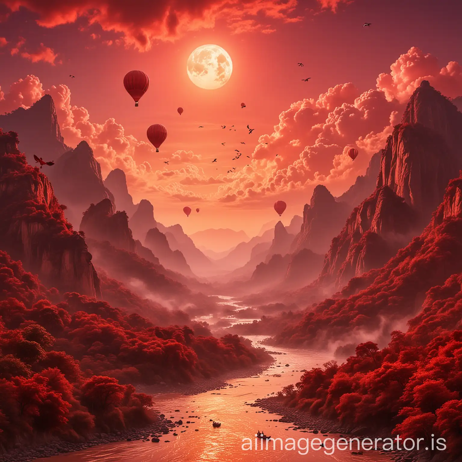 Red cloudy sky with red moon and red mountains with big hot balloons on sky, red jungle with big bajrangbali statue with flowing river, flying birds & Helicopters on the sky.