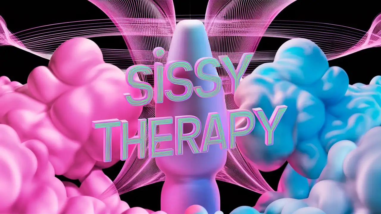word art of "Sissy Therapy" in 3d holographic phallic shaped clouds. pink, baby blue, and white. cotton candy color. all black background. hypnotic patterns and lines.