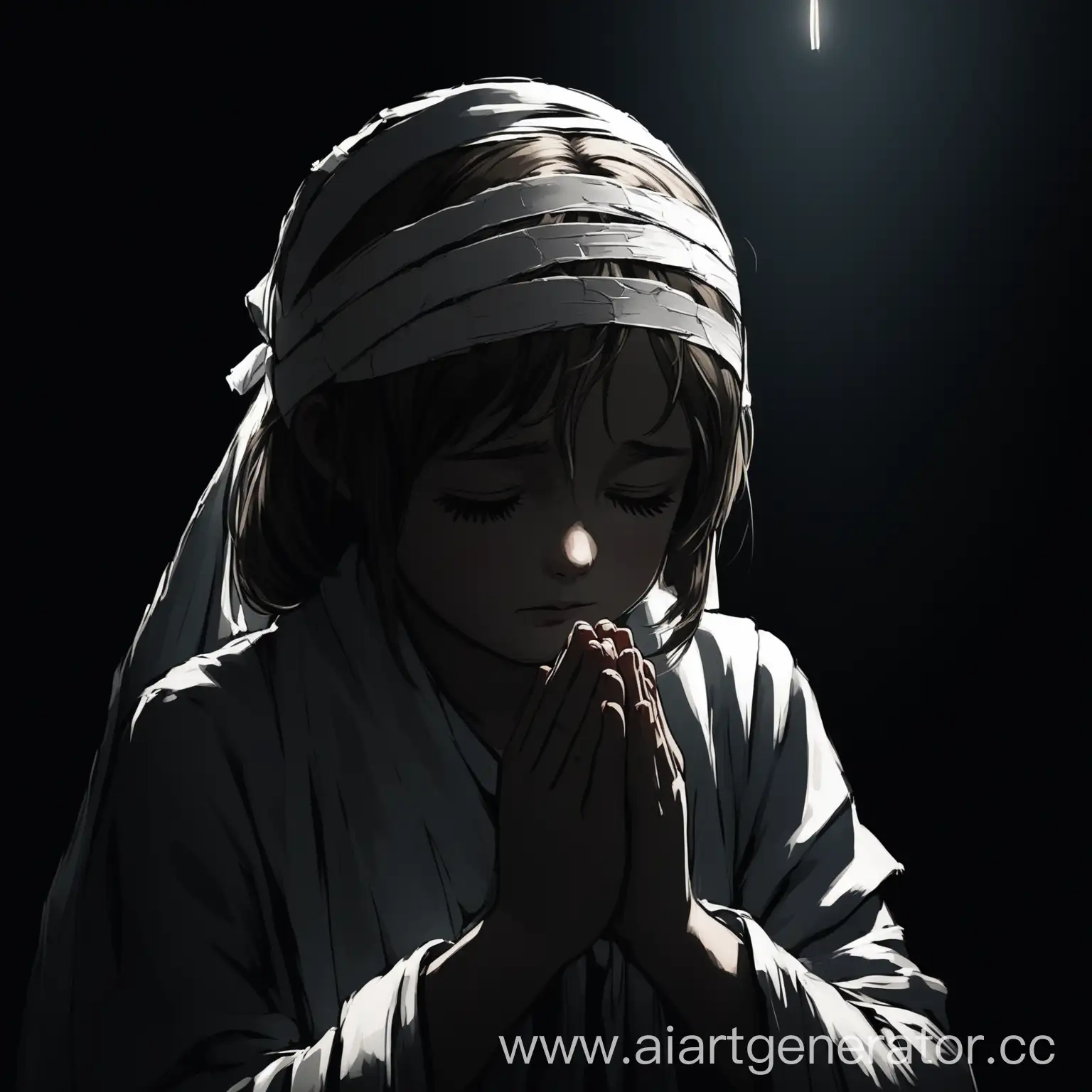 Girl-with-Bandage-Praying-in-Dark-Room