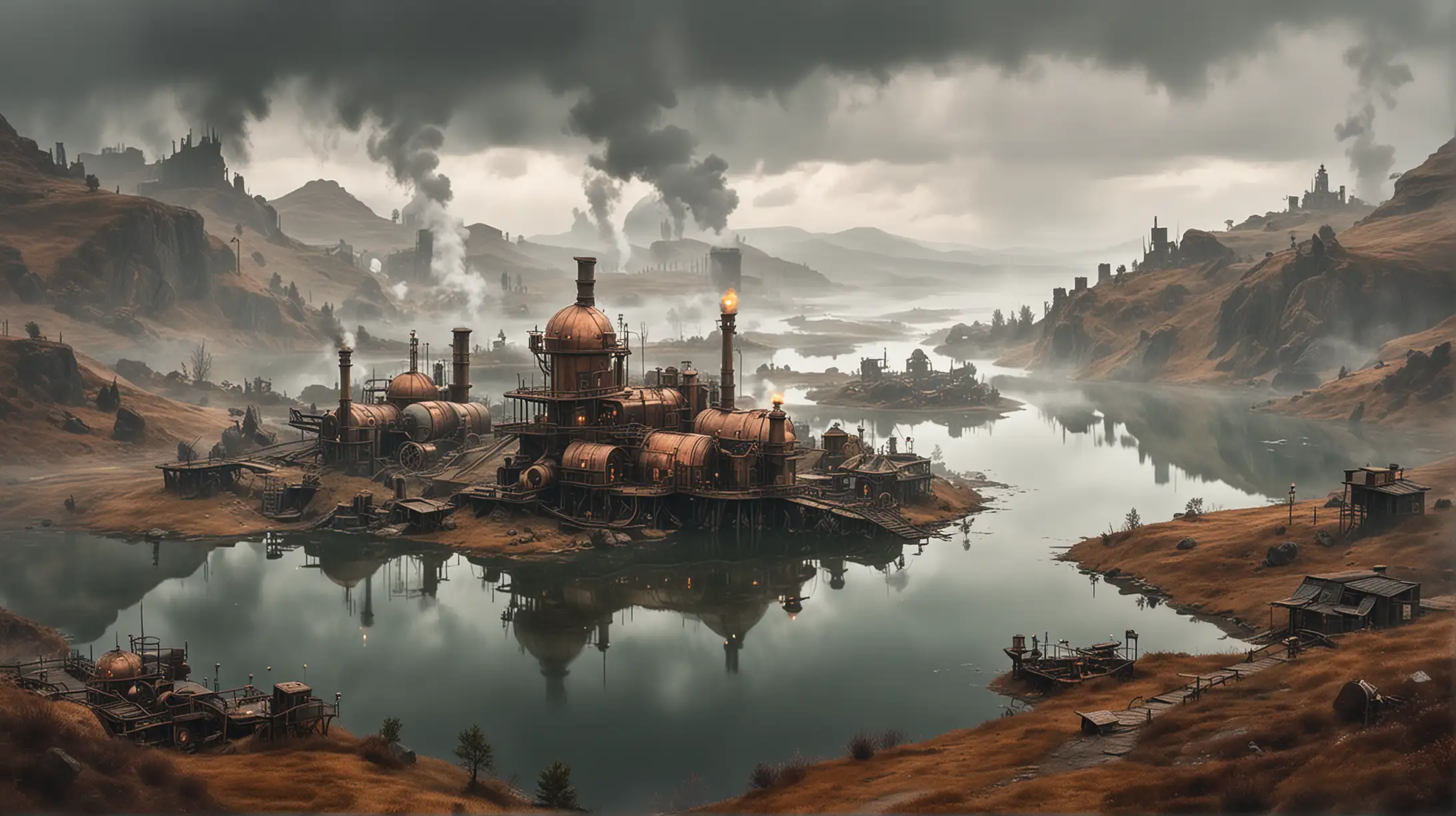 a small steampunk colony placed between two wild lakes, steam, fog, smoke, copper, brass, glass, cloudy and rainy, distant view from a high hill