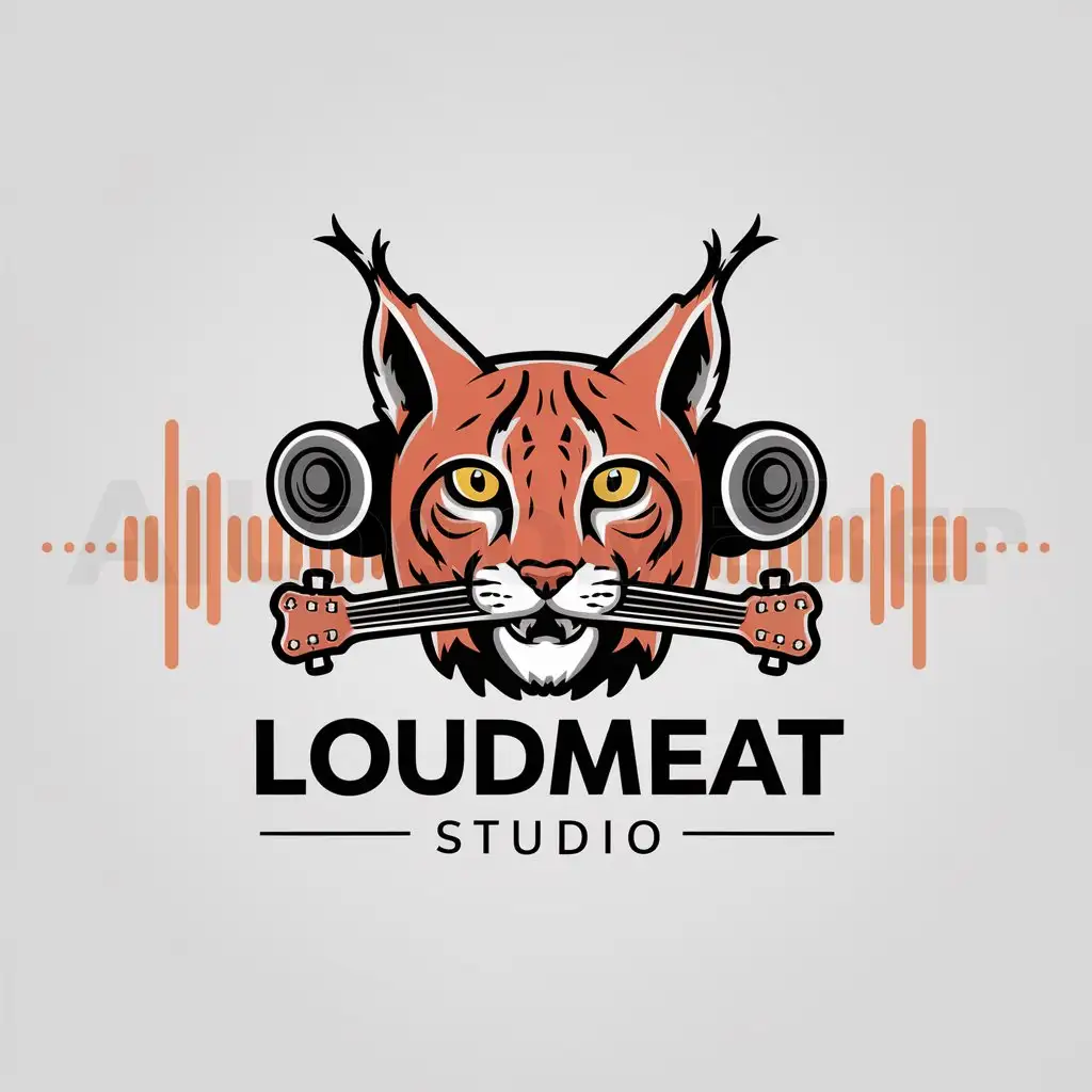 a logo design,with the text "Loudmeat studio", main symbol:Lynx, guitar, sound,Moderate,be used in Entertainment industry,clear background
