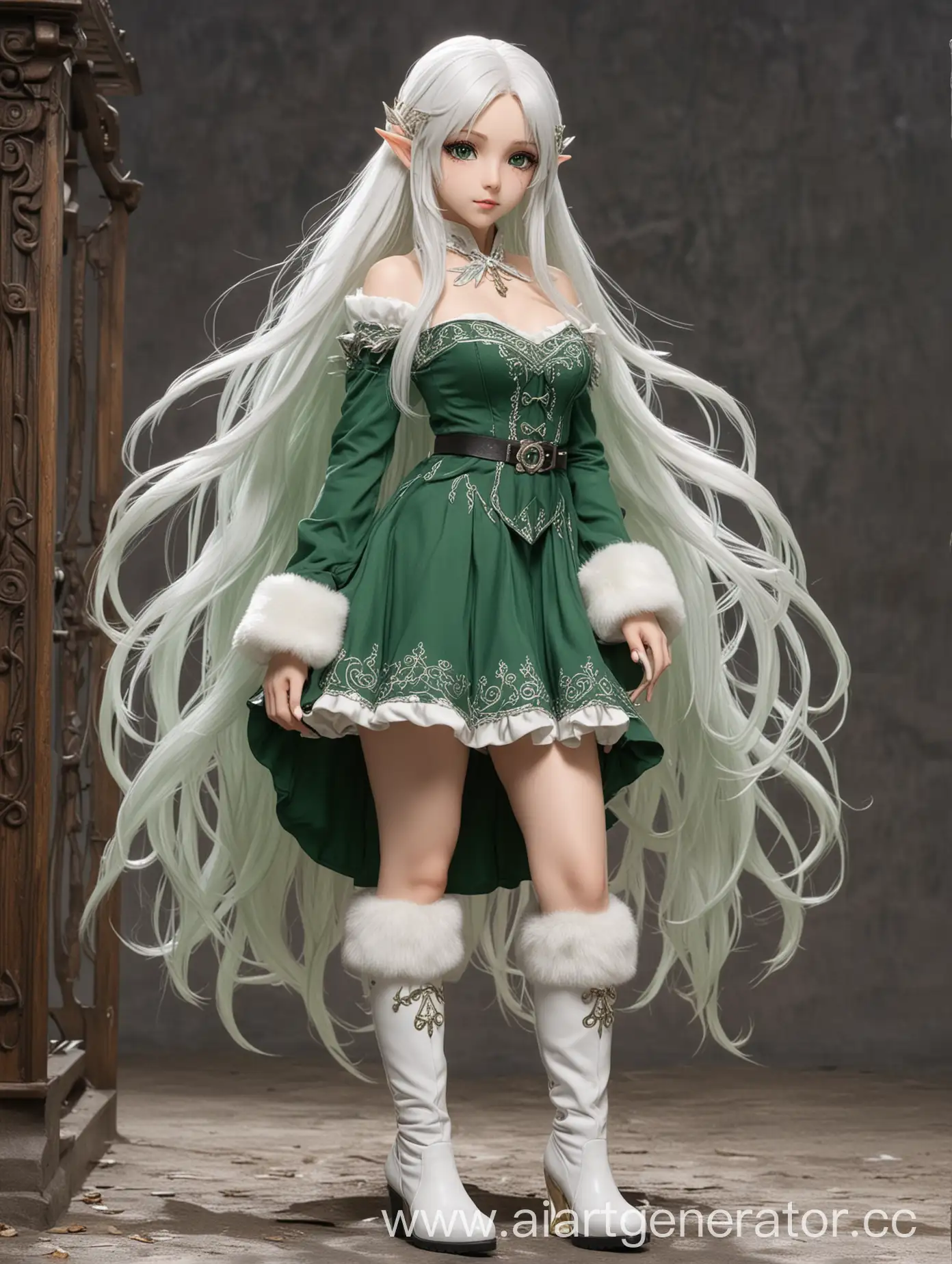 Elf-Girl-with-Long-White-Hair-in-WhiteGreen-Dress-and-FurTrimmed-Boots