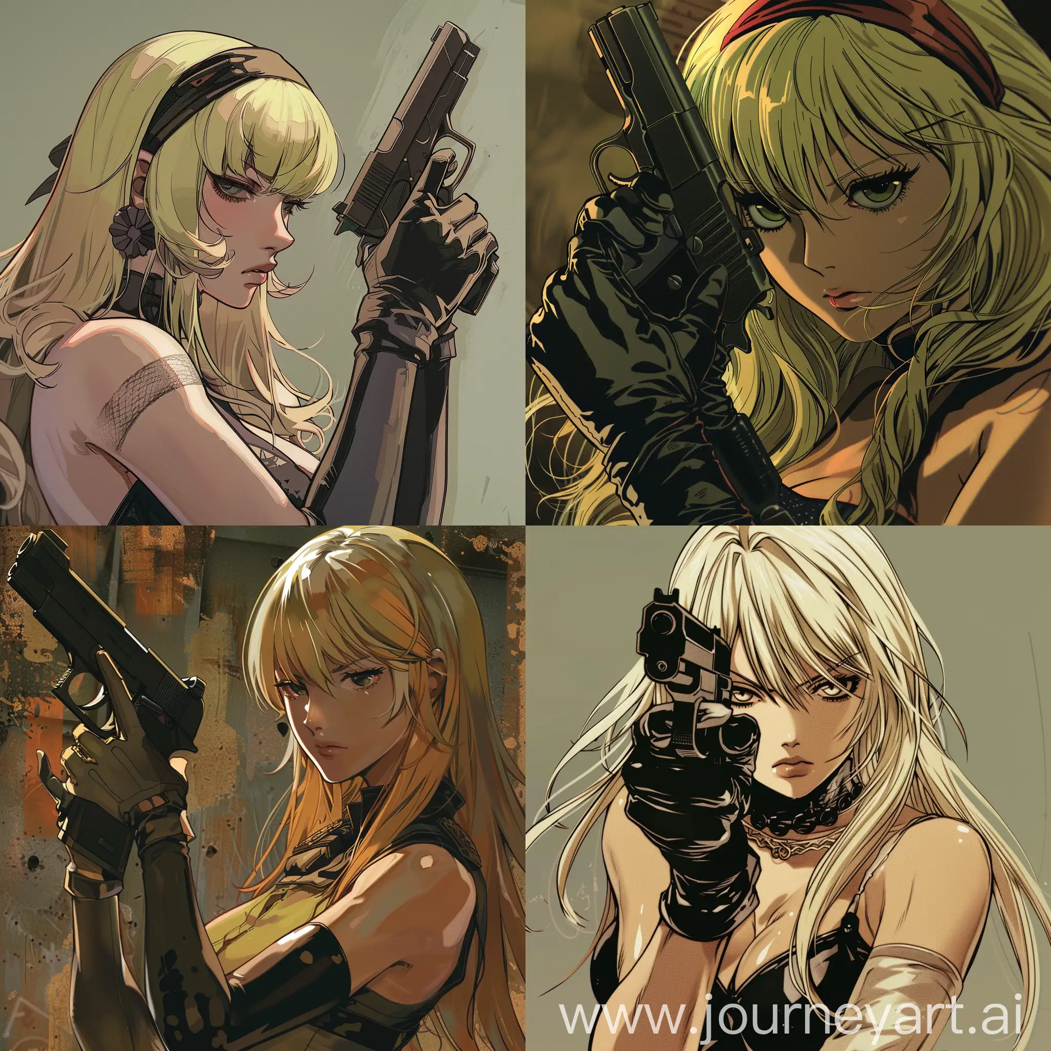 Girl, Retro Anime, Blonde, Black lagoon anime style, wearing gloves, holding a gun