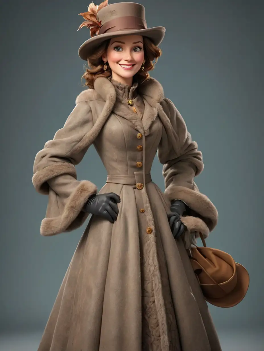 Serious successful woman of 40 years old, dressed in a luxurious and expensive winter coat of the late 19th century, dress and hat. She is an actress, very happy with herself, admiring and smiling. In the style of 3d animation, realism.  We see her full-length, with arms and legs.