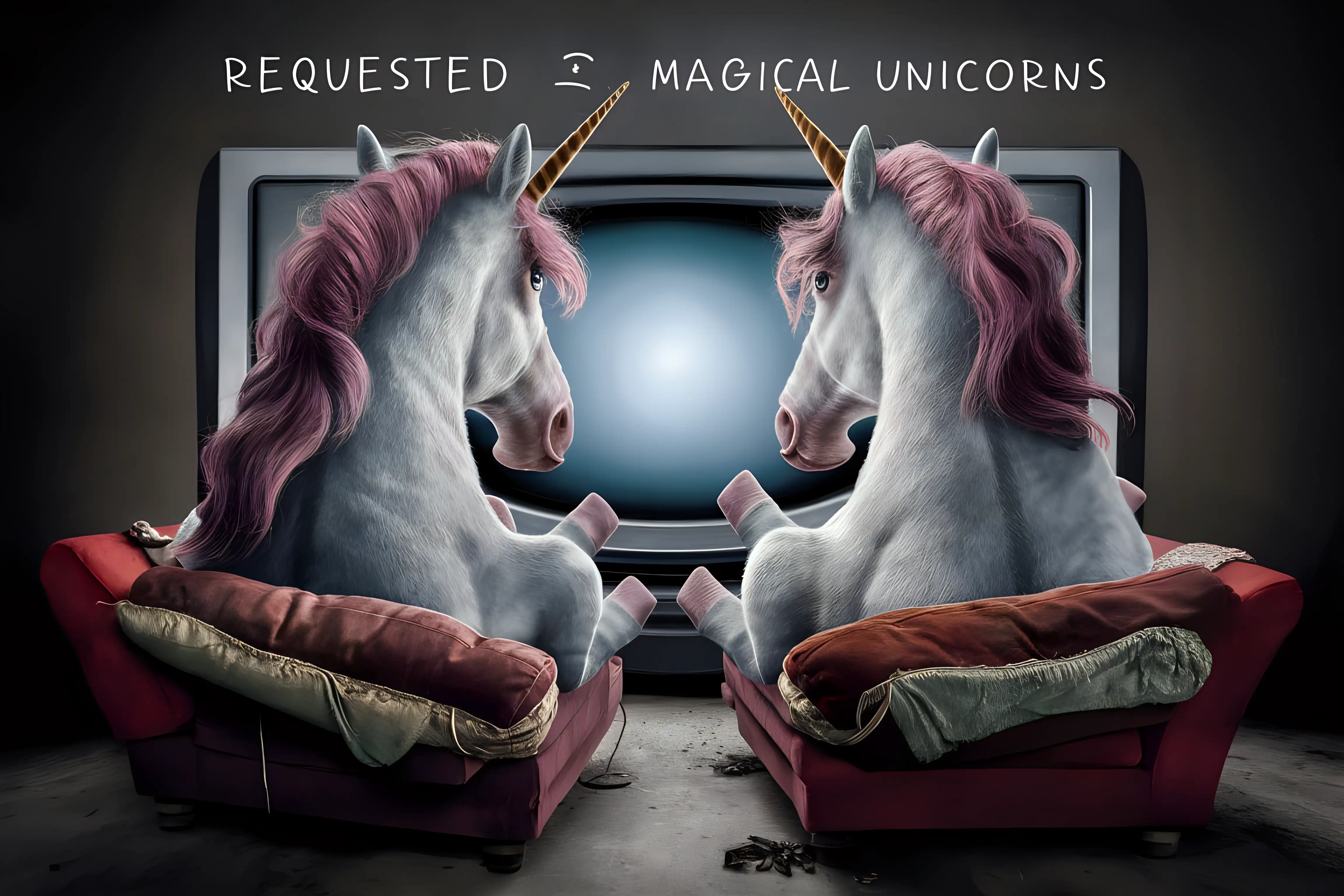 Magical Unicorns Relaxing on Couch with TV in Background