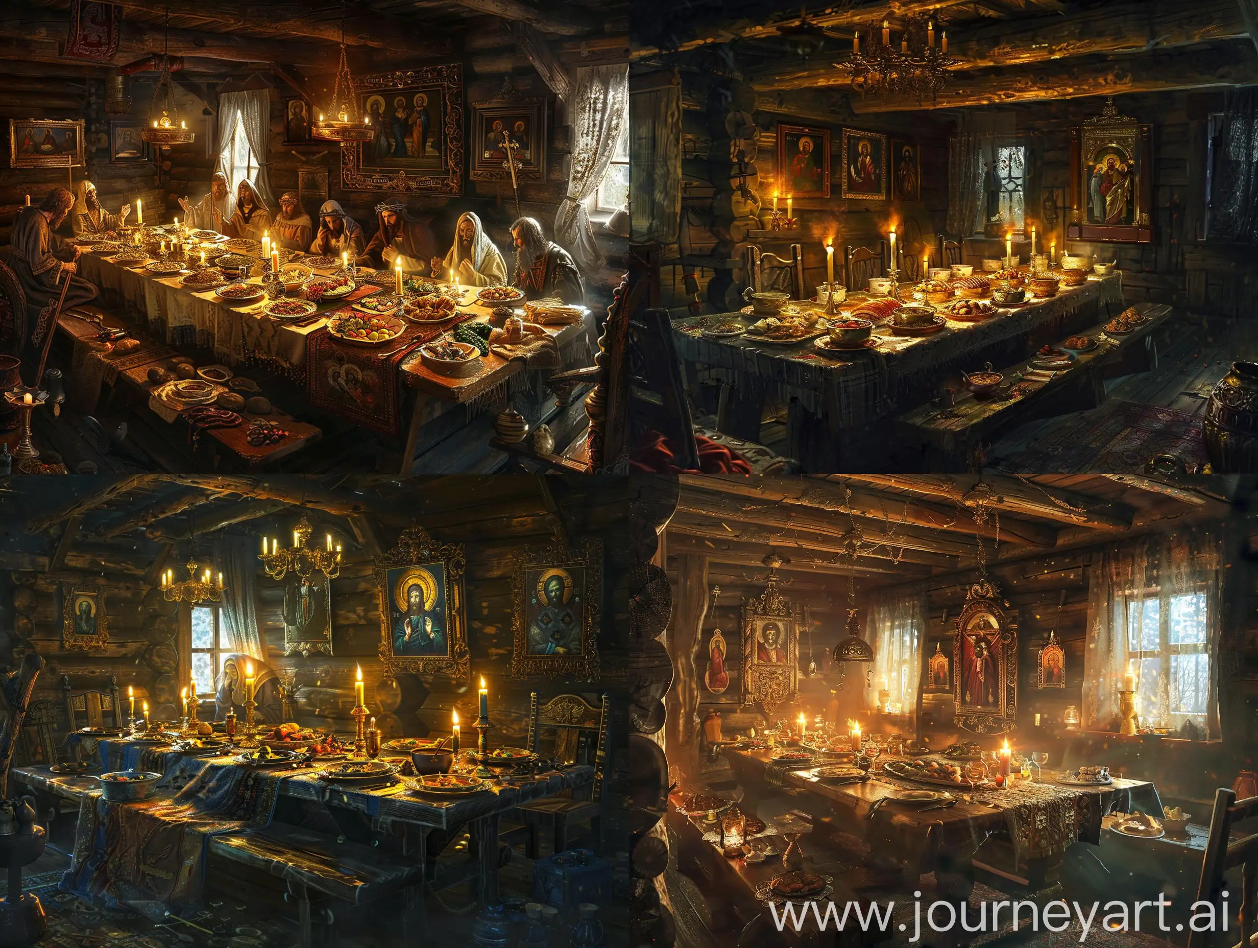 Last Supper in Dark Wooden Cabin: "Christ's Last Supper depicted in a dimly lit wooden cabin of medieval Russia, the table set with traditional Slavic dishes amidst icons and flickering oil lamps." based in Anatoly Timofeevich Fomenko e Gleb Vladimirovich Nosovsk books