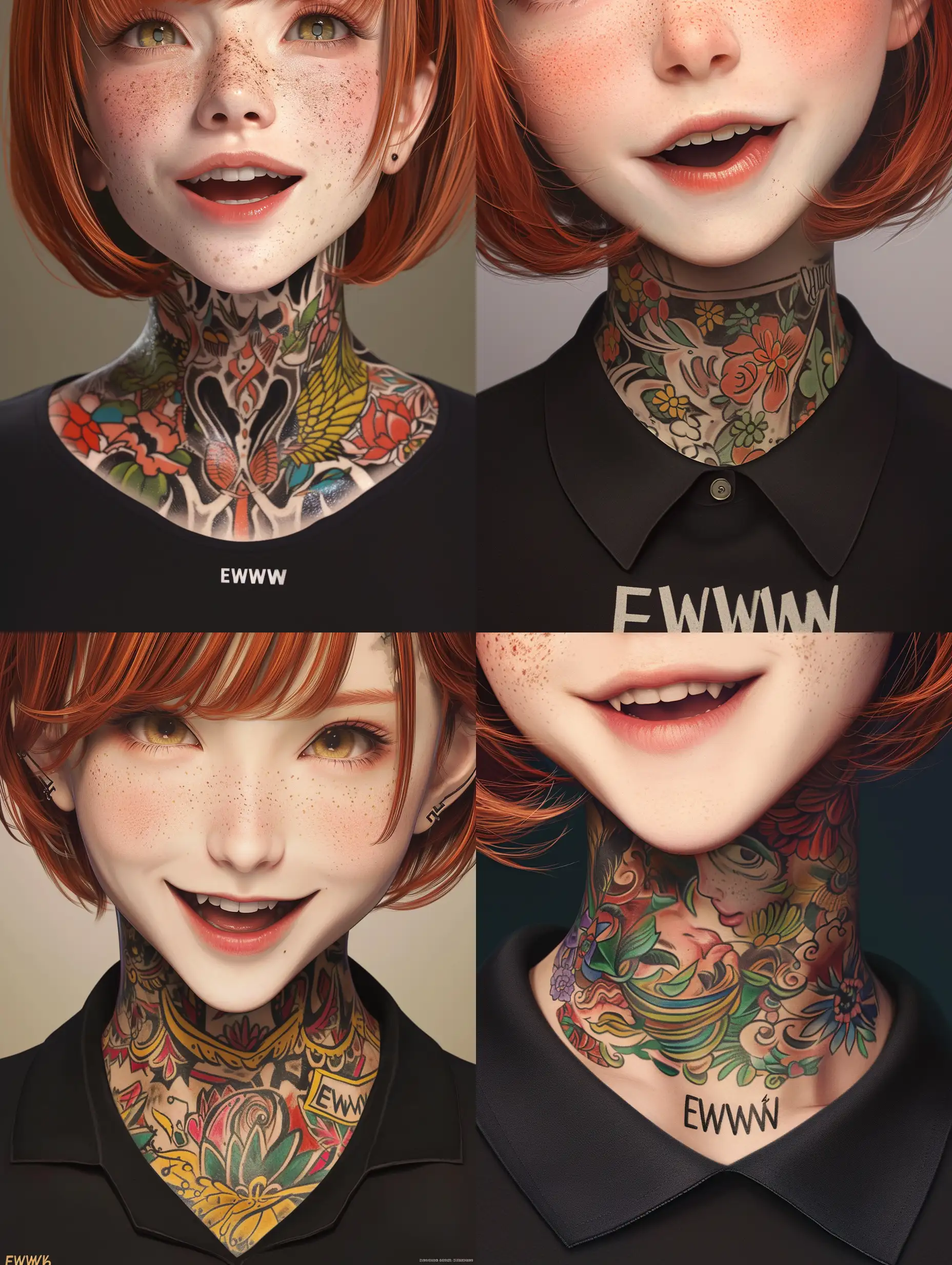 face close up of a supercute anime woman,short red hair, freckles, open smile, head above, look at viewer, long neck, collar with the inscription "EWW", black shirt, animated illustrations, hyper realistic 4khyper realistic 4k,, exotic realism, vibrant manga, tattoo-inspired, full body intensity, japanese-inspired :: anime::-0.1 --niji 6 --s 250 --style raw