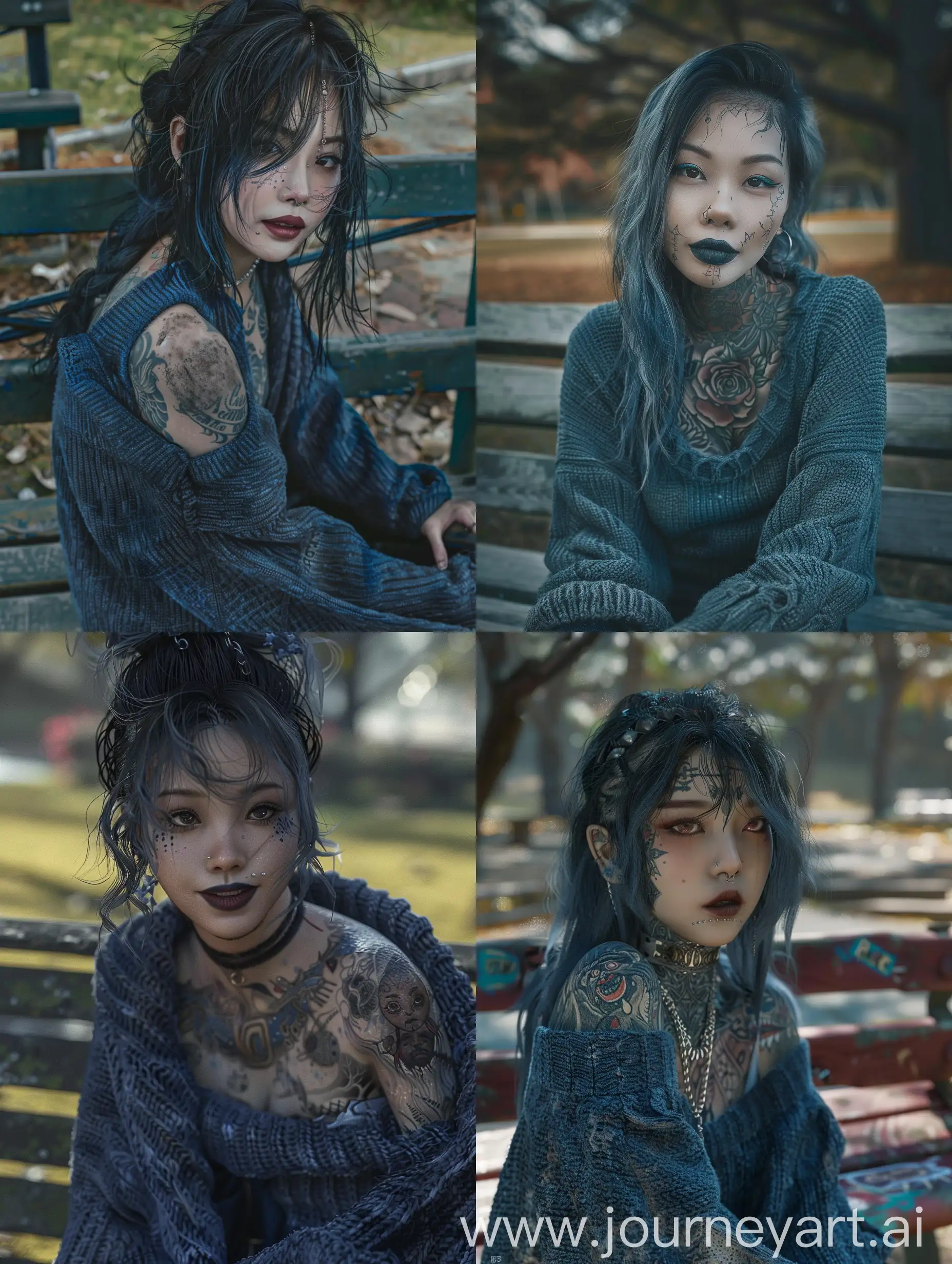 korean woman, punk, heavily tattooed, homemade crooked tattoos, blurry faded tattoos, dark gray tattooed lips, punk goth, wearing dirty blue sweater, disheveled unkempt hair, sitting on park bench, tired smile, looking at viewer, photo photorealistic