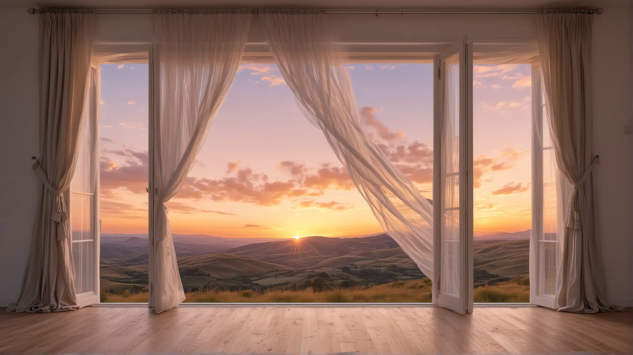 Romantic Sunset Window Structure with Flying Curtains and Open Doors
