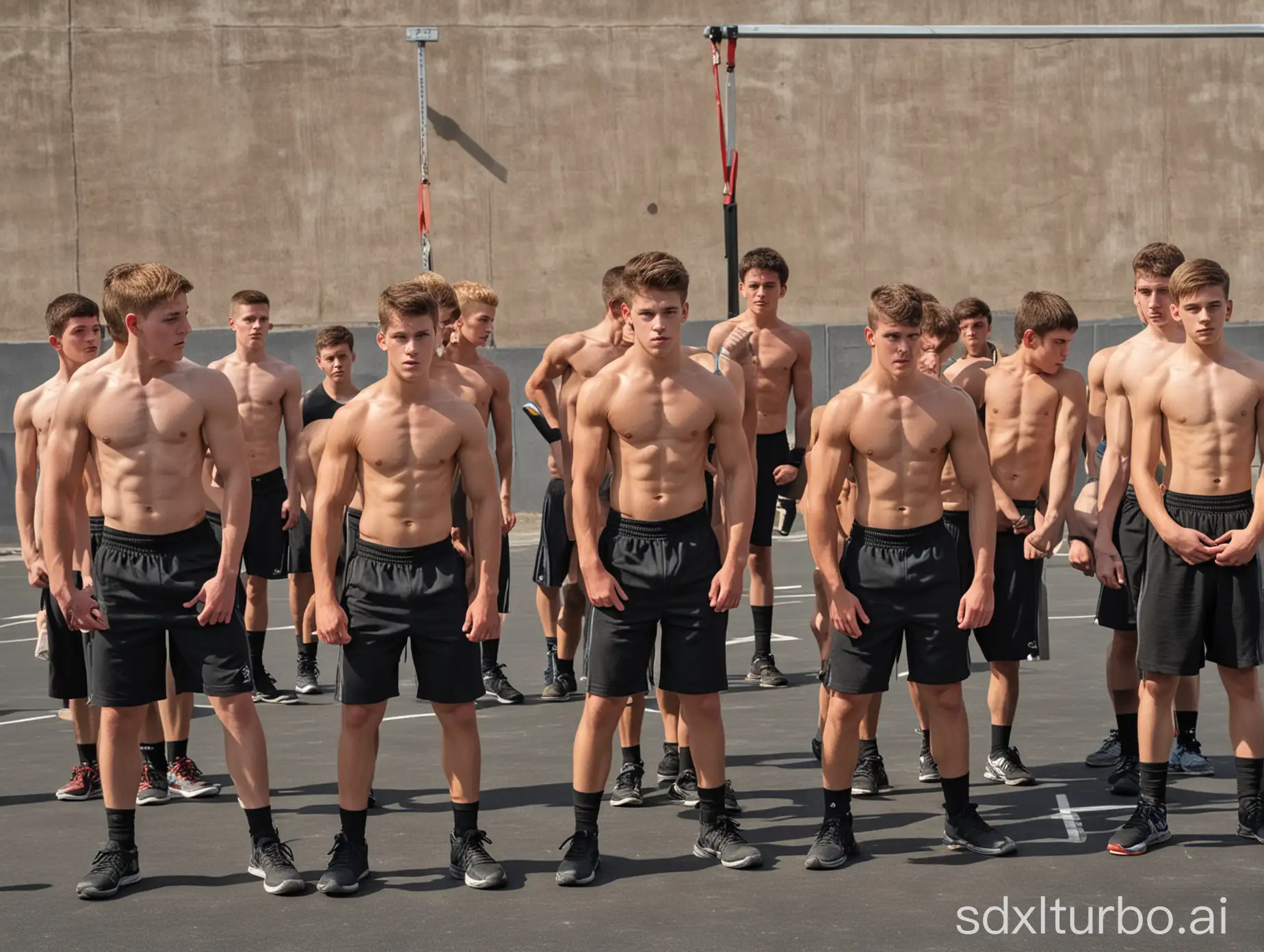 large group of 16 year old calisthenics boys with heavy weightvests doing climb-ups, muscle-ups and push-ups