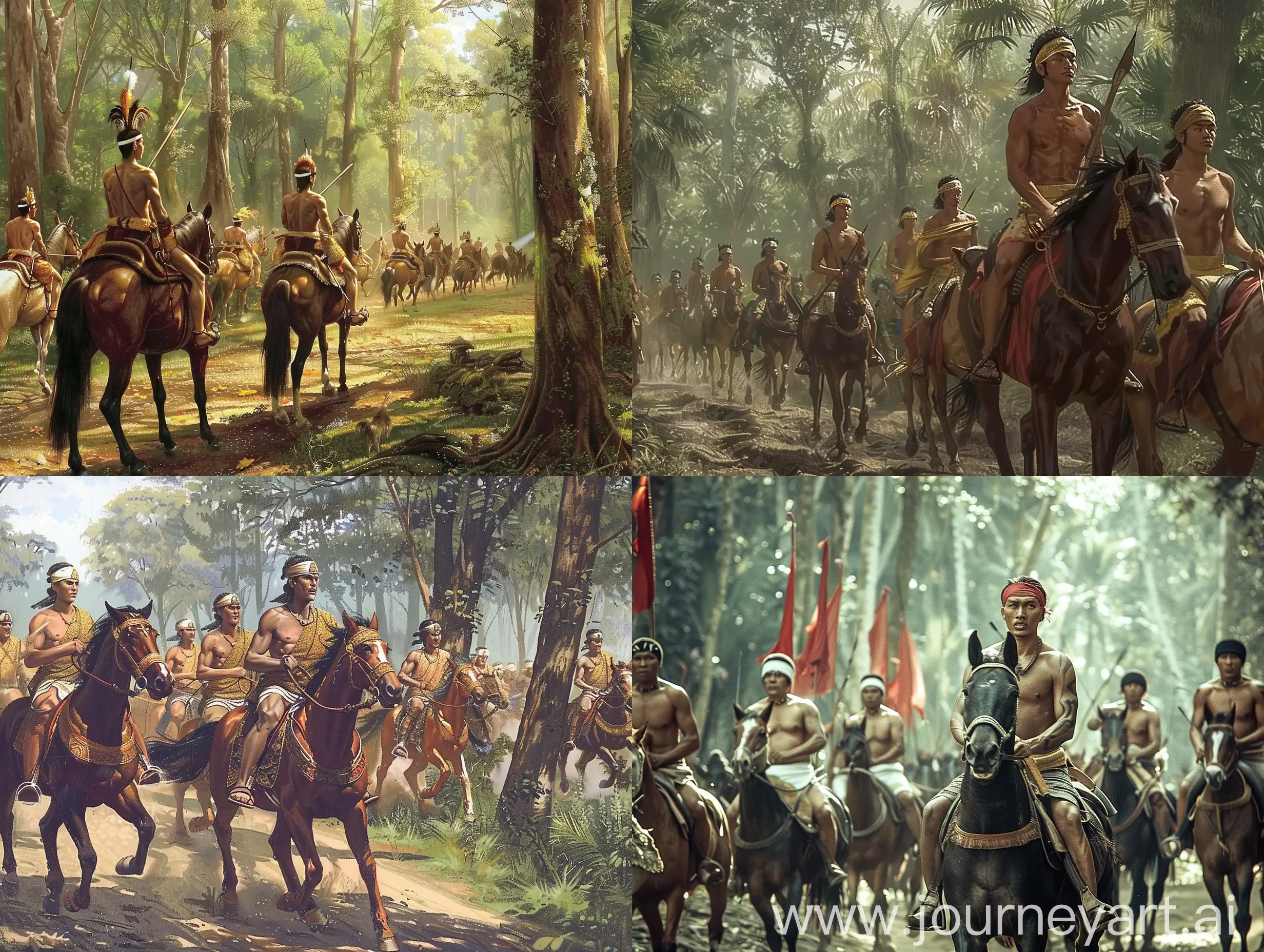 Majapahit Kingdom 1200 colors, ordinary soldiers, only wearing shorts, wearing headbands, riding horses in the royal forest