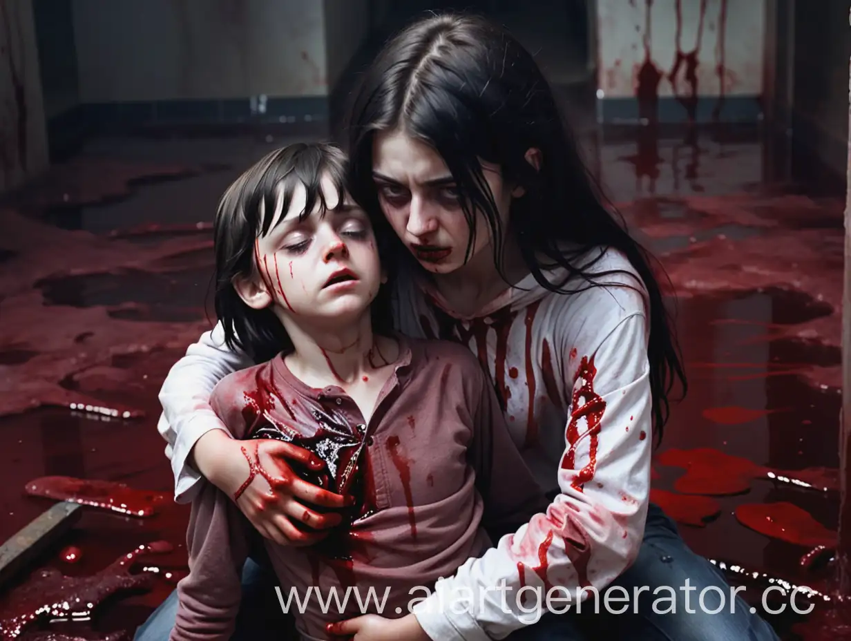 Young-Girl-Holding-Unconscious-Boy-in-BloodStained-Clothes