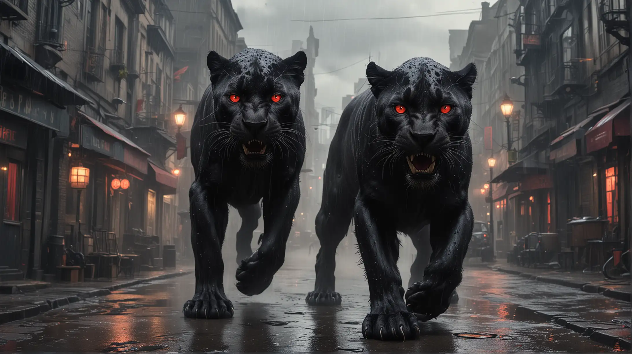 a black panther with red eyes and teeth alone in a street of a steampunk city, dark, cloudy, heavy rain