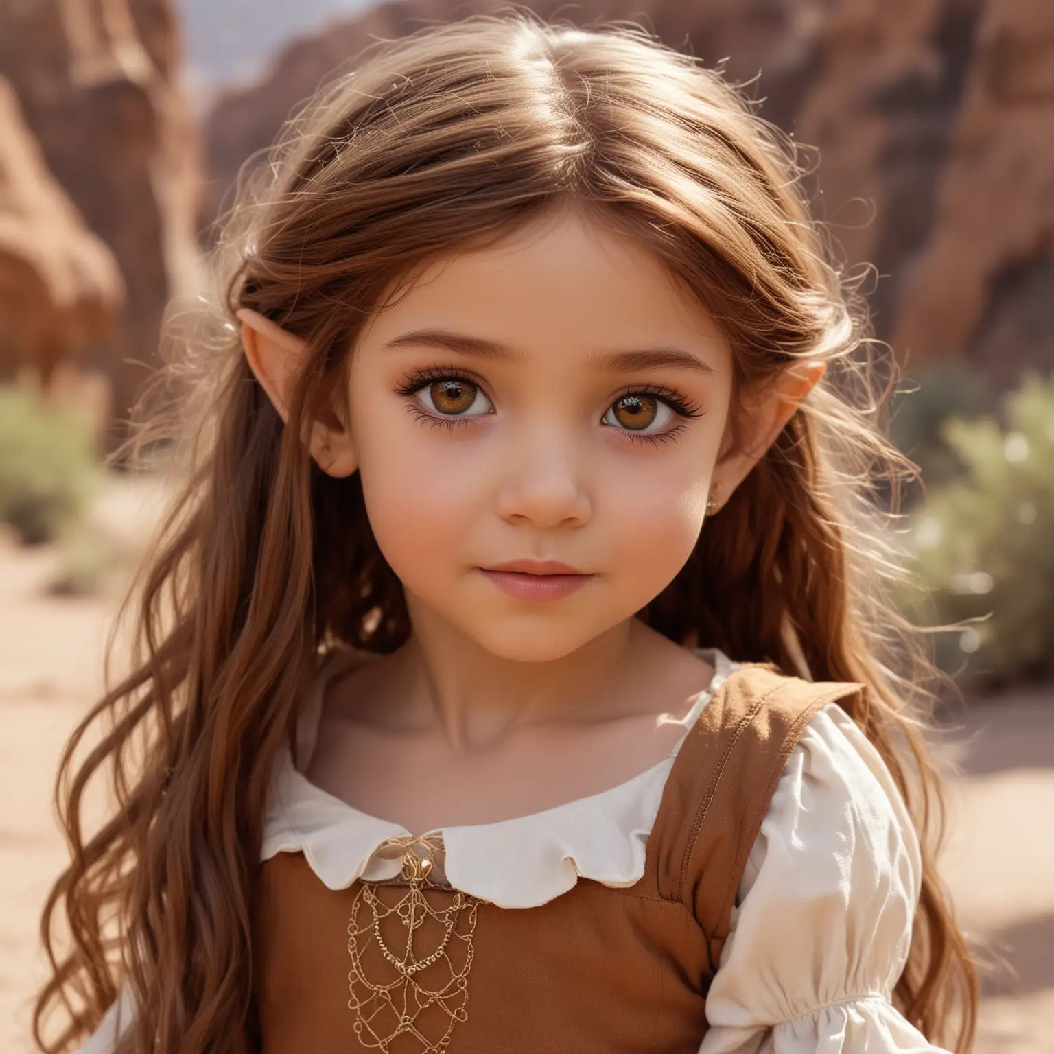 Four year old fantasy elf female, long  chest nut brown hair, rust colored eyes, desert princess, desert city