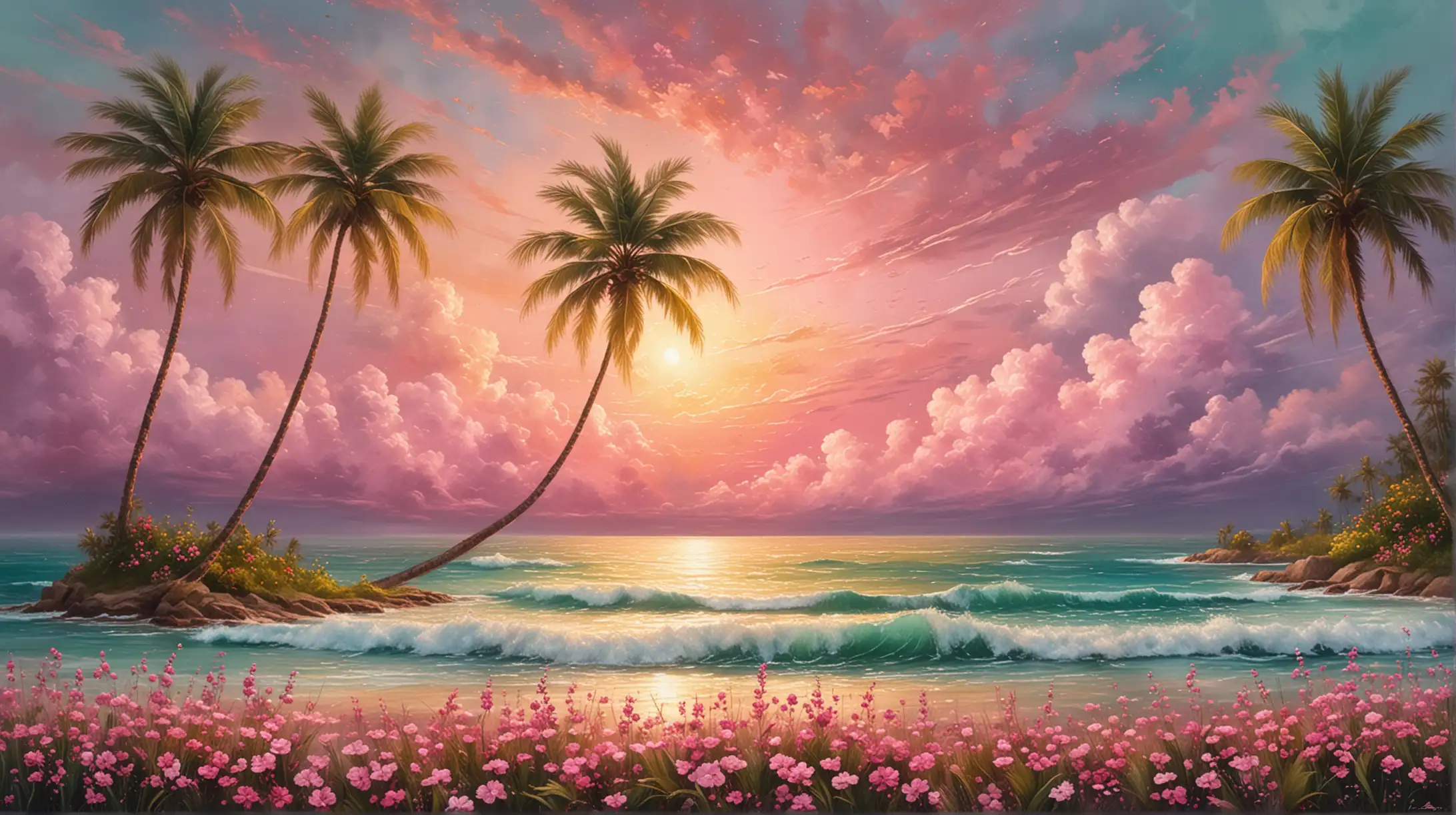 Abstract textured oil painting pink cloudy flowers and palm trees by the ocean shore with golden-green galaxy sky in the background.