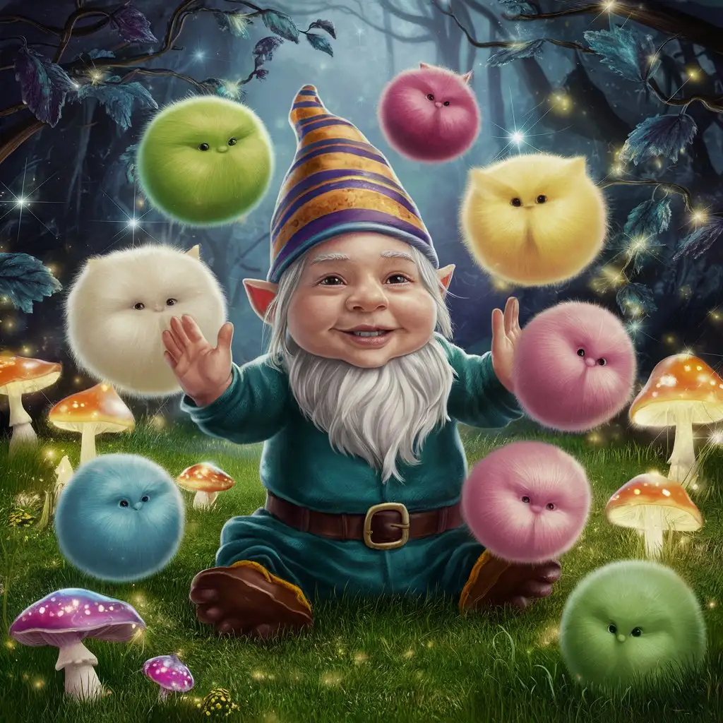 Gnome celebrating a birthday. There is lots of different Puffis. They are having a party. The party is in a magic forrest. In a realistic style.