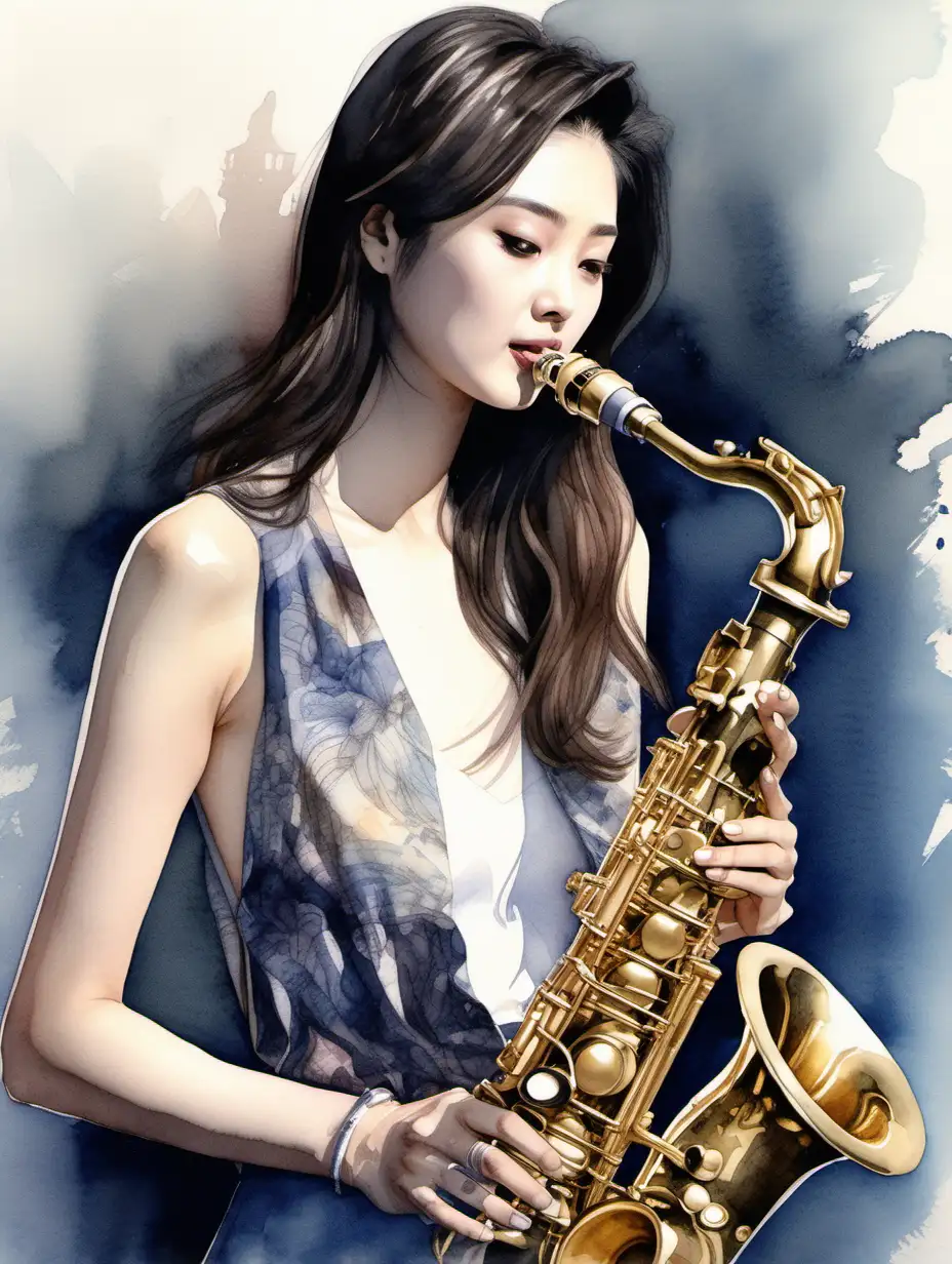 Jing Tian  with brunette hair and Black eyes playing a saxophone, Watercolor, trending on artstation, sharp focus, studio photo, intricate details, highly detailed, by greg rutkowski