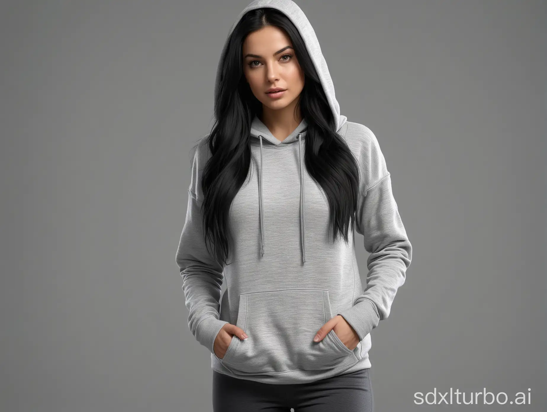 Beautiful 30 year old woman with long black hair wearing a gray hoodie and black leggings, high details, full length photorealistic, 8k