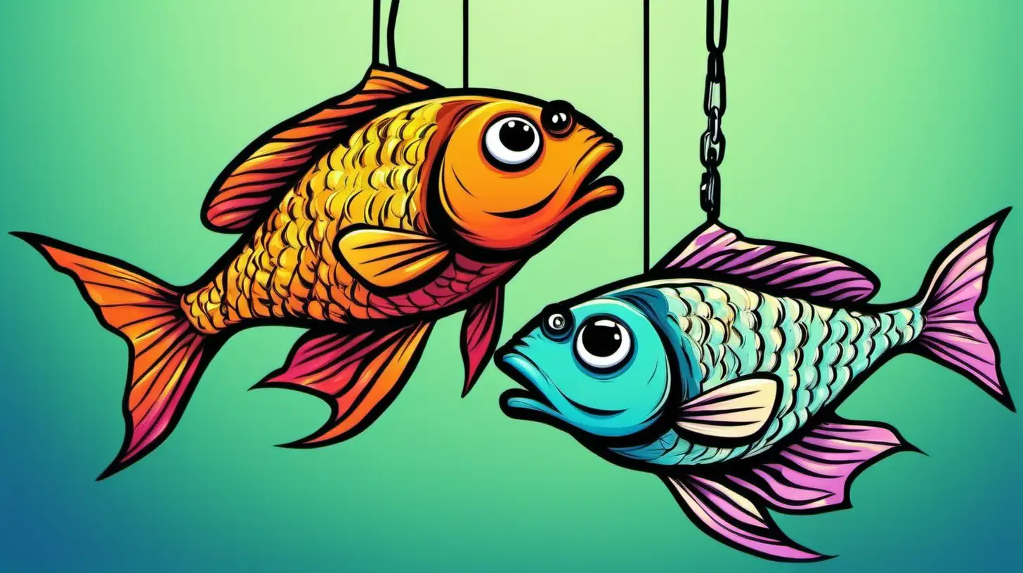 Cartoony color. 2 fish on a hook