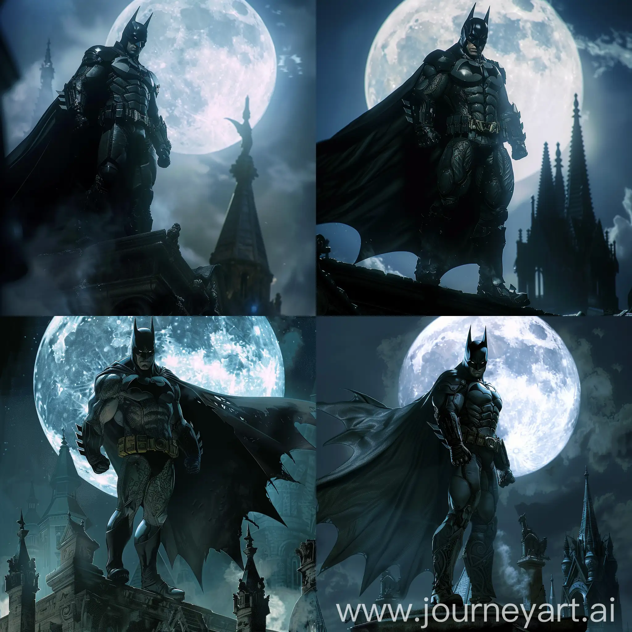 Here’s a detailed description of Batman in a gothic style:  Batman stands on a rooftop at night, his silhouette stark against a full moon. His suit is a deep, shadowy black, adorned with intricate gothic patterns resembling the ornate designs found in gothic cathedrals. His cape flows dramatically in the night wind, adding to the mysterious and dark ambiance. The background features gothic architecture with spires and gargoyles, and a misty atmosphere that enhances the eerie, foreboding feel. Shadows play across his stern face, highlighting his intense expression and the sharp angles of his cowl. The entire scene is bathed in a moody, monochromatic palette, emphasizing the gothic theme.