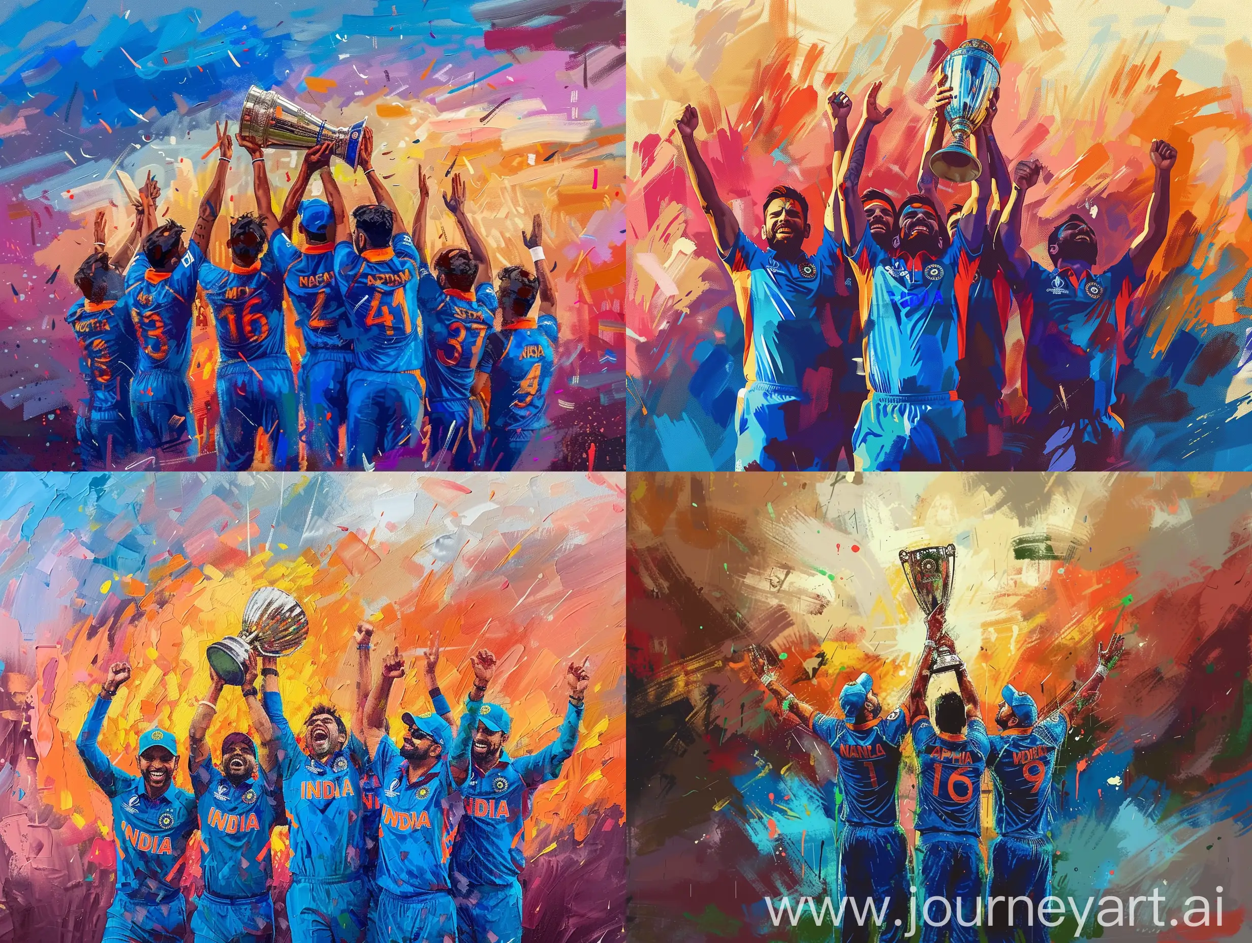 Team india players lifting cricket world cup in evening, impressionist, breathtaking surreal visualization