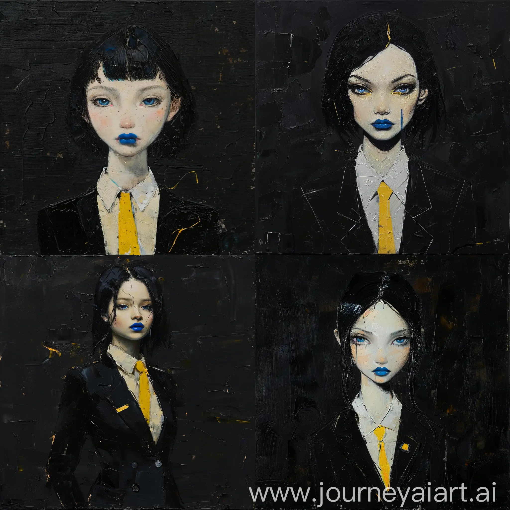 painting  A beautiful girl with black hair, a square, blue lips, stands in a classic black suit, yellow tie painted in oil on a textured canvas, set against a stark black background, striking contrast, fluidity and grace of the traditional figure