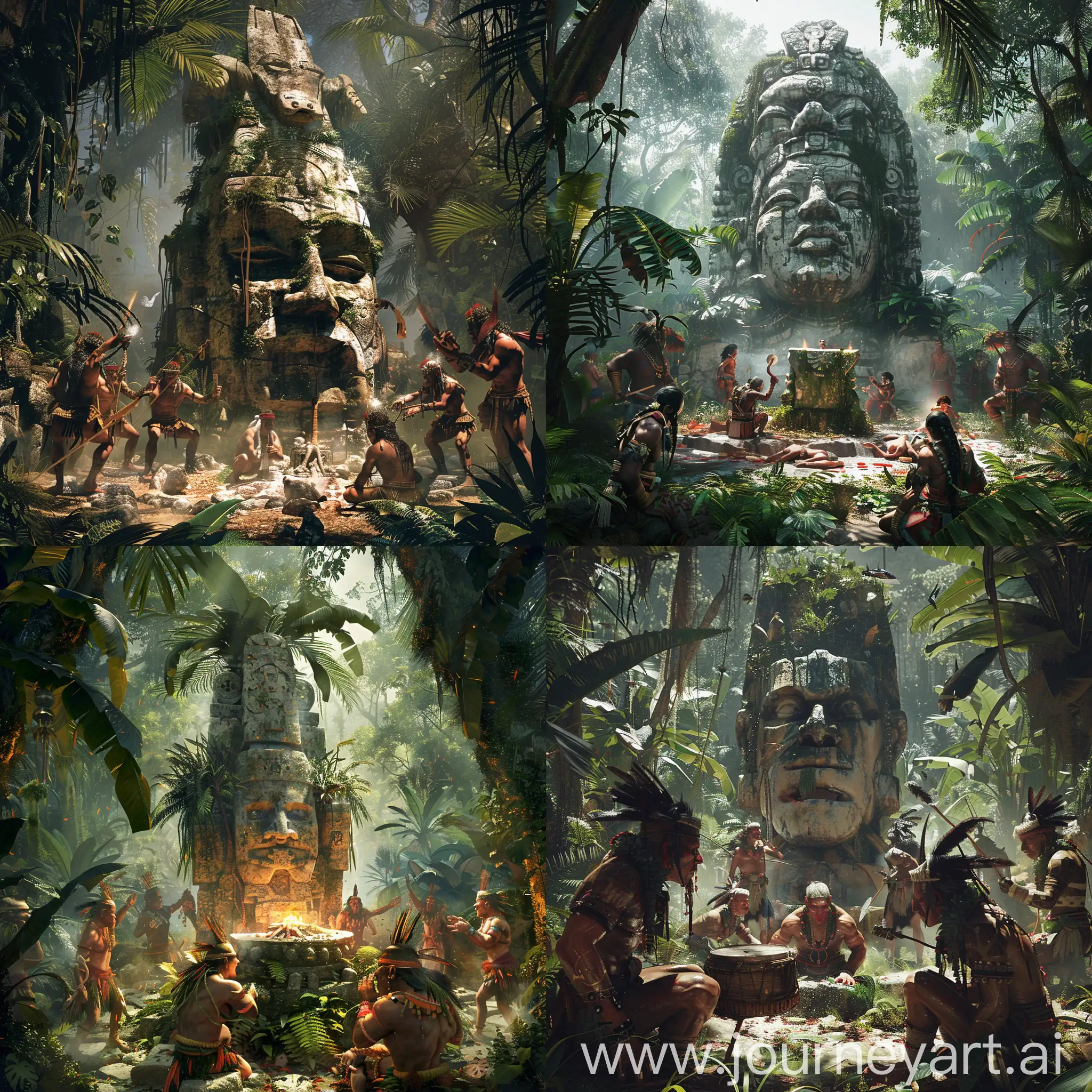 photo-realistic,a fantastic tribe of jungle savages pray at a large stone idol, in a savage jungle where they make sacrifices, they dance to their gods drum 
