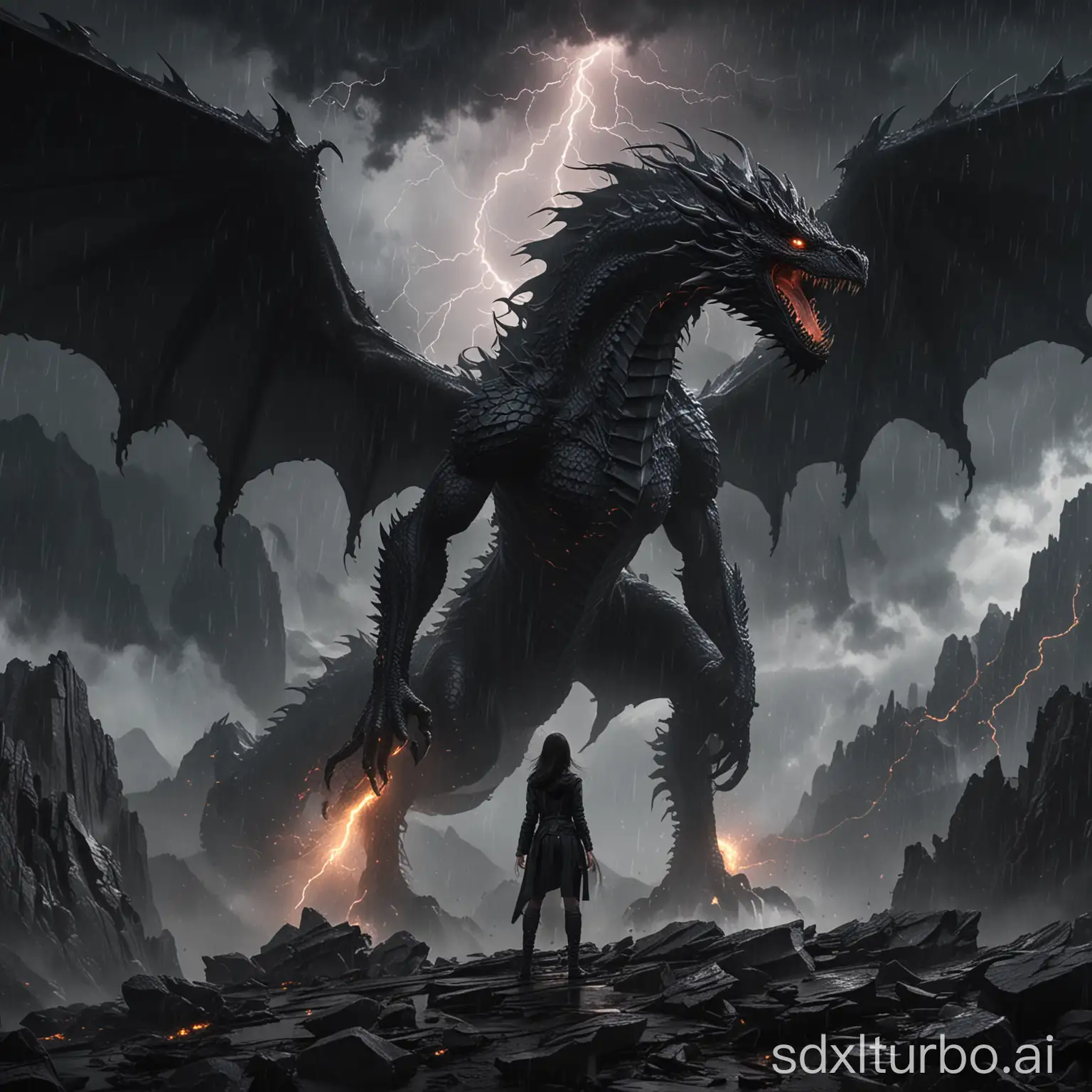 a giant black Dragon is standing in the background in a storm before a mountain. In the foreground, a young woman, more confident than ever in a tight-fitting dark outfit. Around her, electric energy crackles.